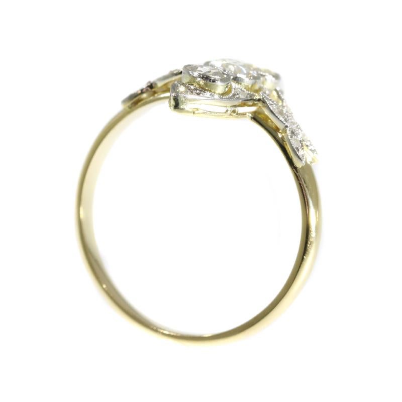 Women's Belle Epoque Three Diamond 14 Karat Yellow Gold Marquise Engagement Ring, 1920s For Sale