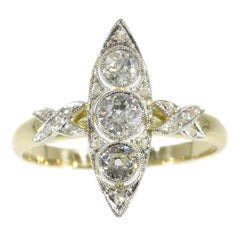Antique Belle Epoque Three Diamond 14 Karat Yellow Gold Marquise Engagement Ring, 1920s