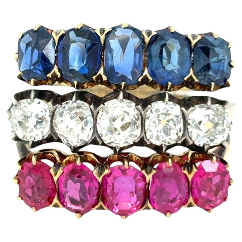 Belle Epoque three - row ruby, sapphire and diamond gold ring