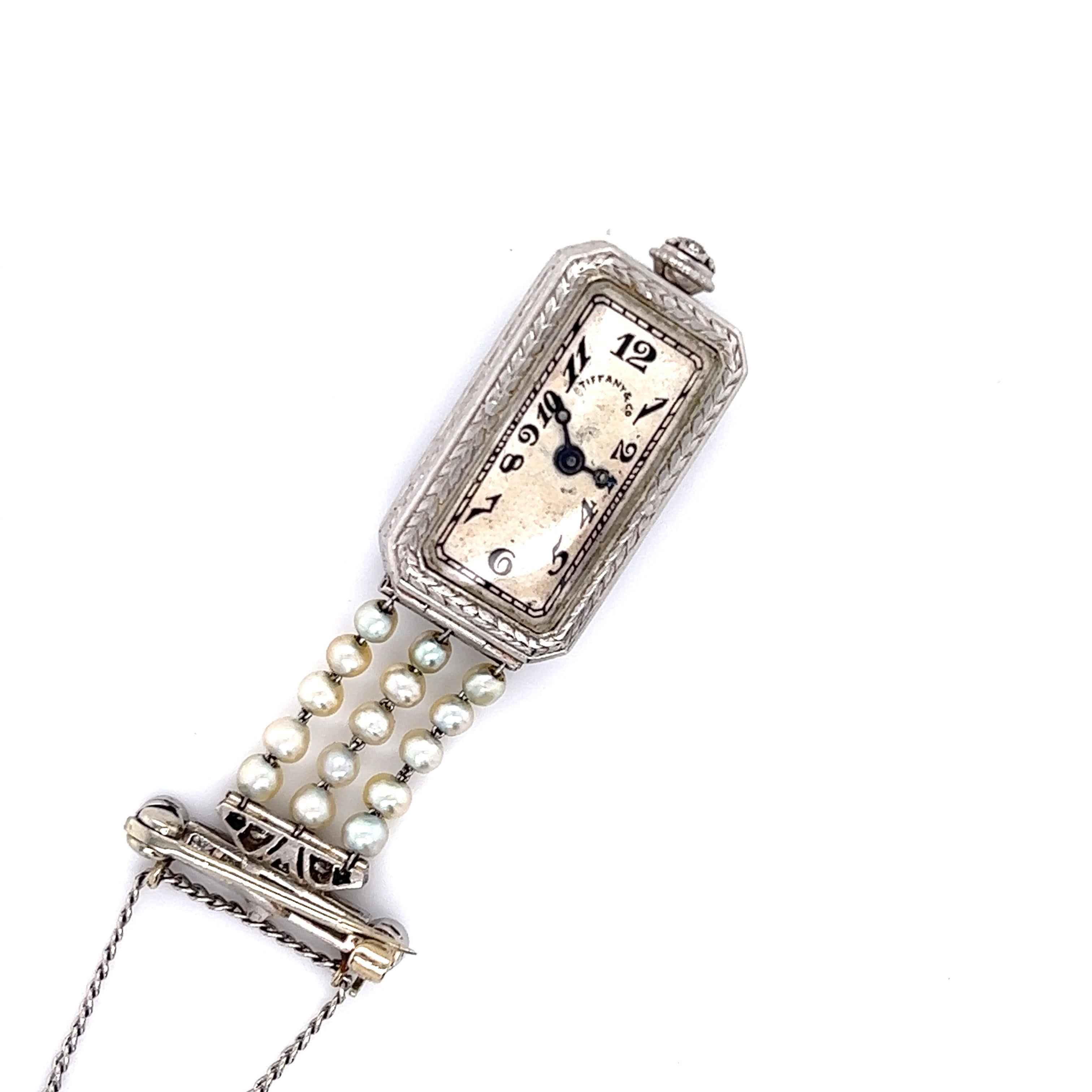 Old European Cut Belle Epoque Tiffany & Co. Diamond & Natural Pearl Lapel Watch Pendant CH Meylan