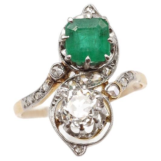 Bague Toi et Moi Belle Epoque en or 18k, émeraude 0,90 ct, diamant 0,80 ct