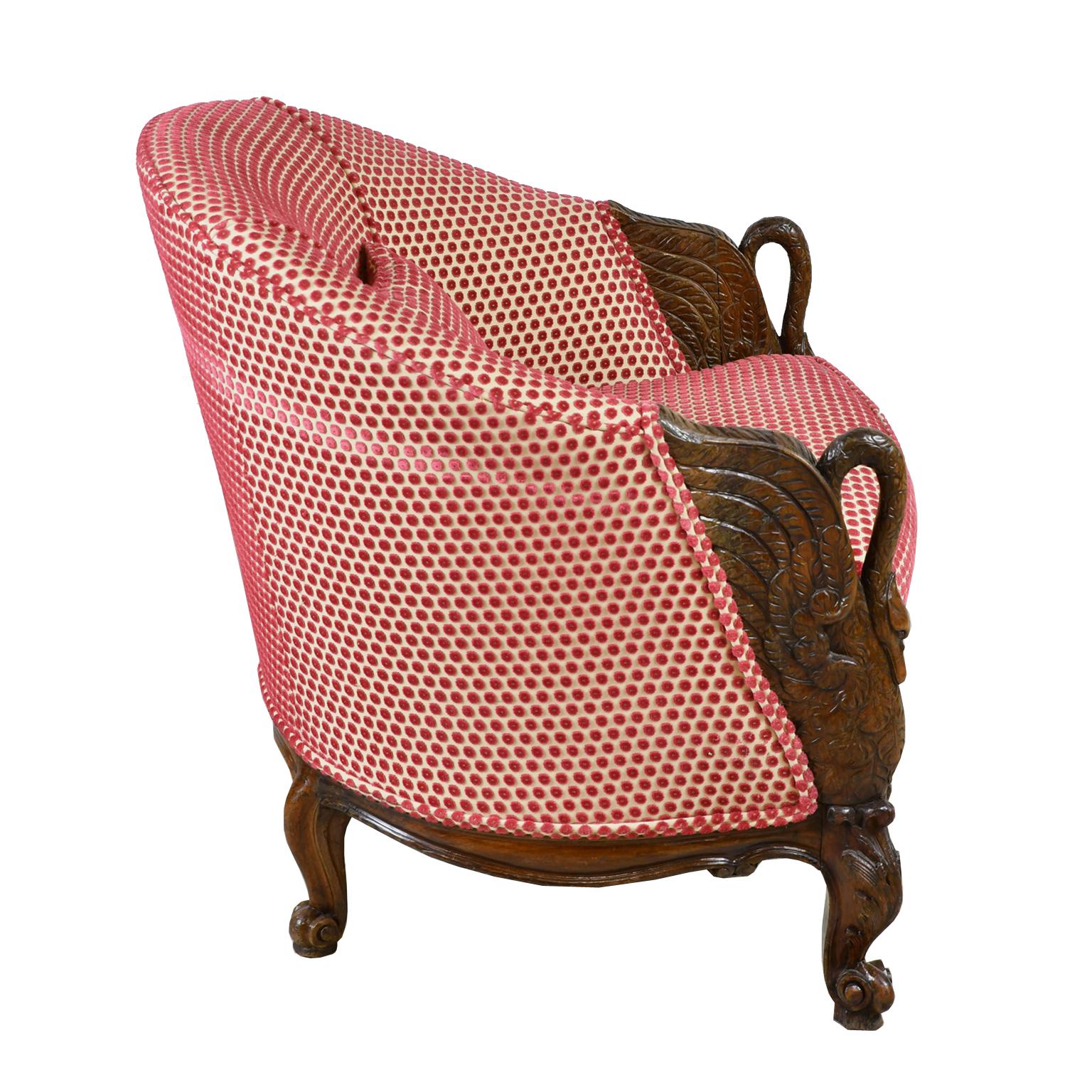 Belle Époque Upholstered Club Chair in Rose-Colored Cut Velvet with Carved Swans 2