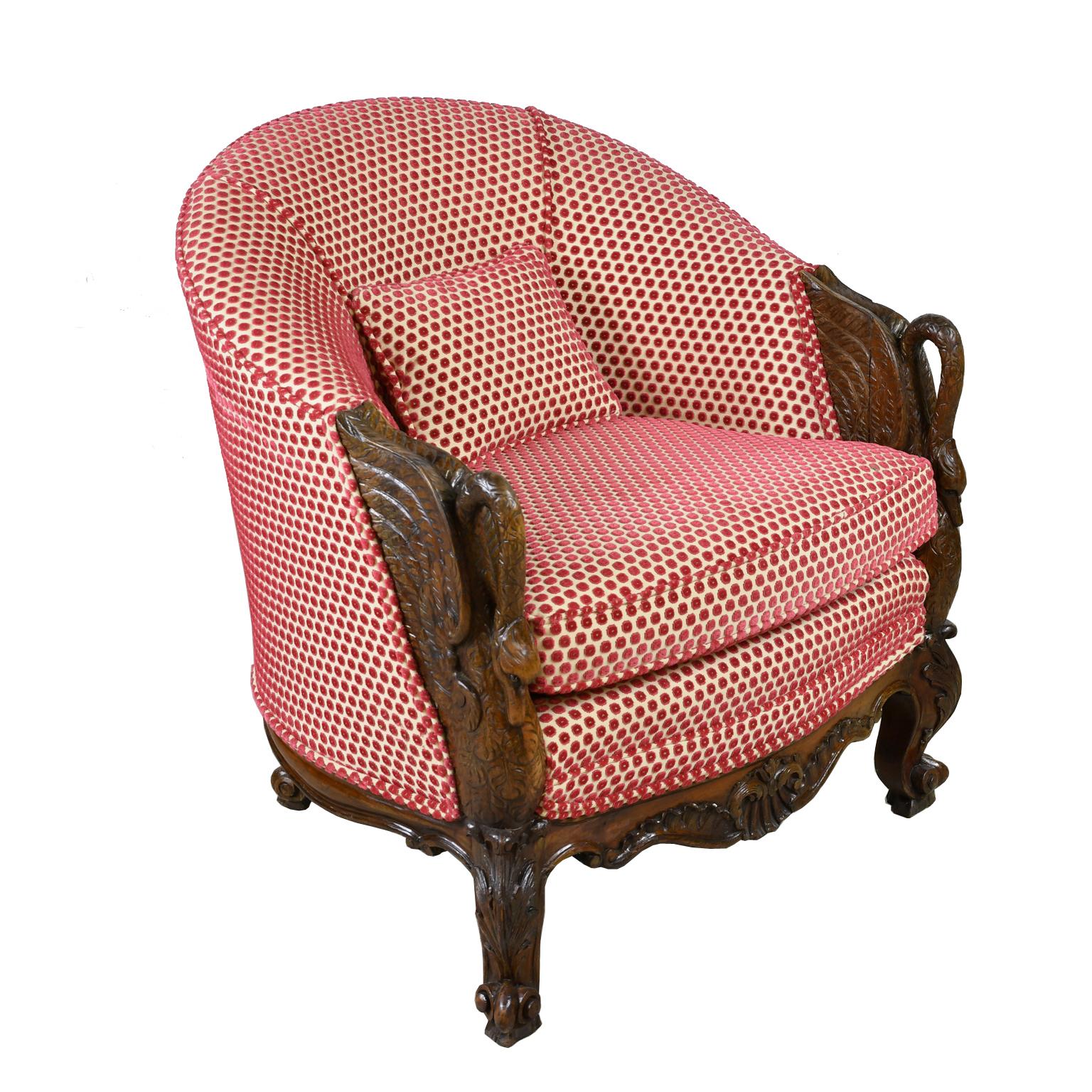 Belle Époque Upholstered Club Chair in Rose-Colored Cut Velvet with Carved Swans 3