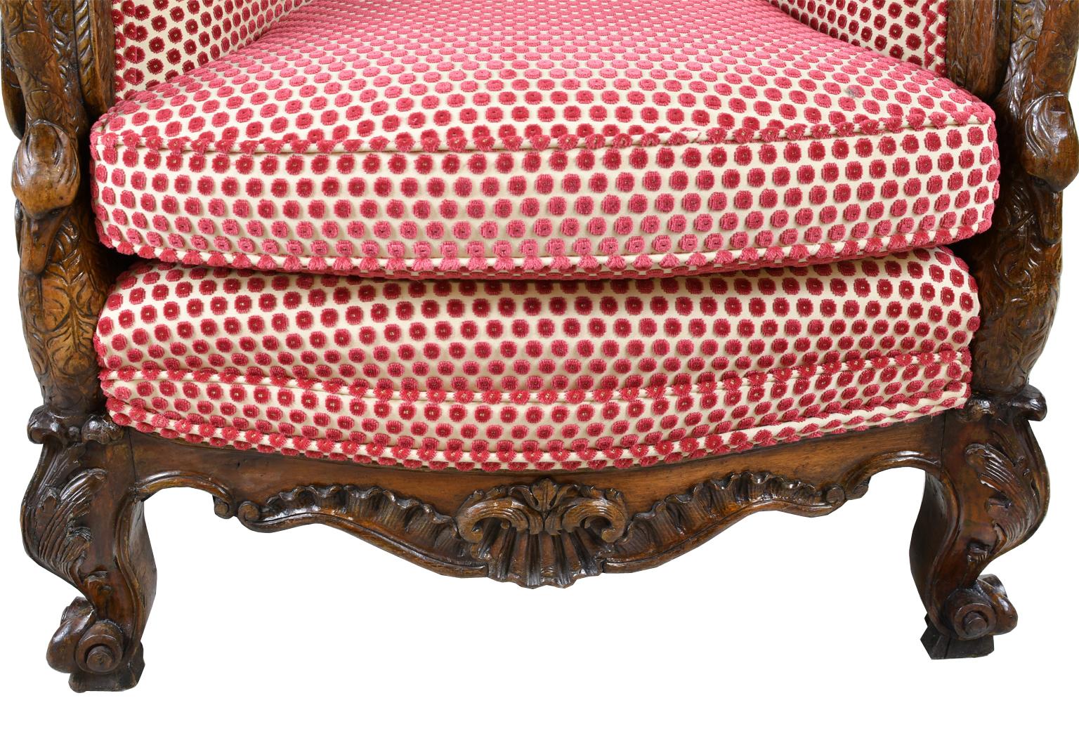Belle Époque Upholstered Club Chair in Rose-Colored Cut Velvet with Carved Swans 4