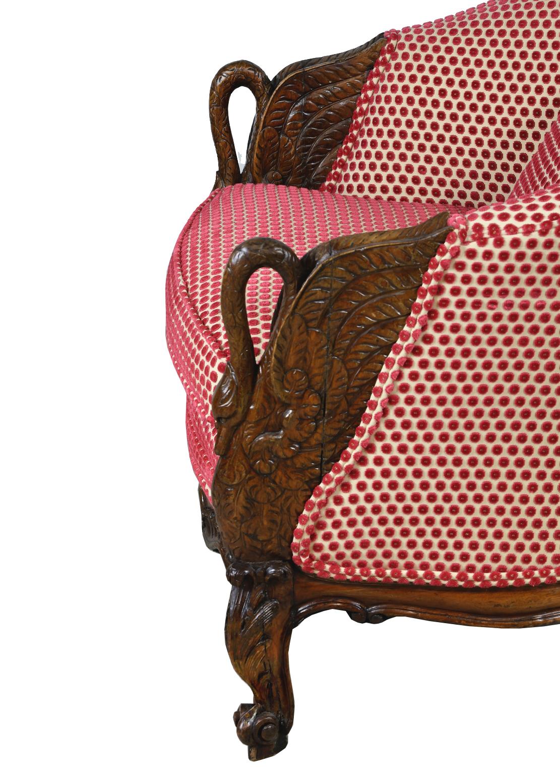 French Belle Époque Upholstered Club Chair in Rose-Colored Cut Velvet with Carved Swans