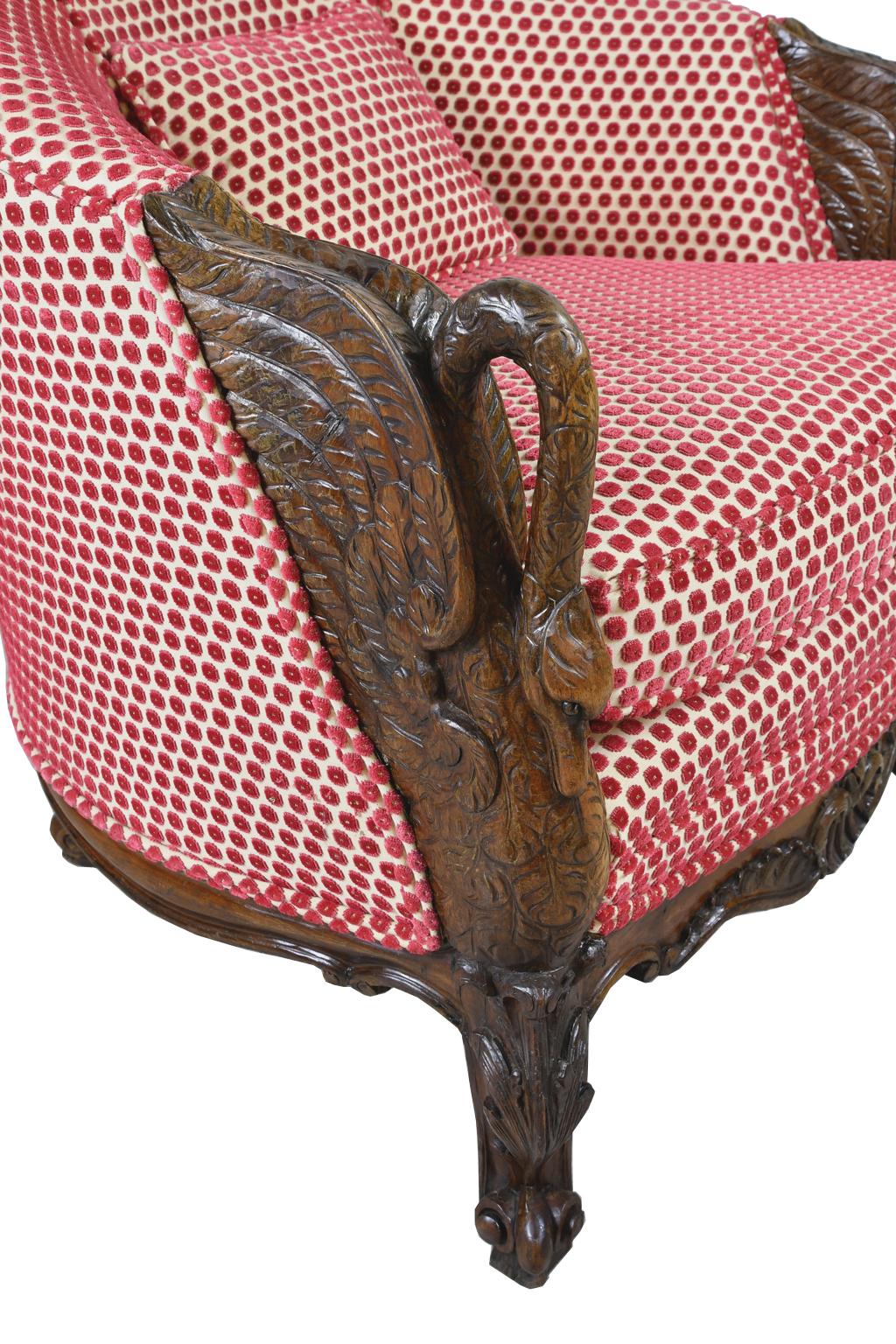 Hand-Carved Belle Époque Upholstered Club Chair in Rose-Colored Cut Velvet with Carved Swans