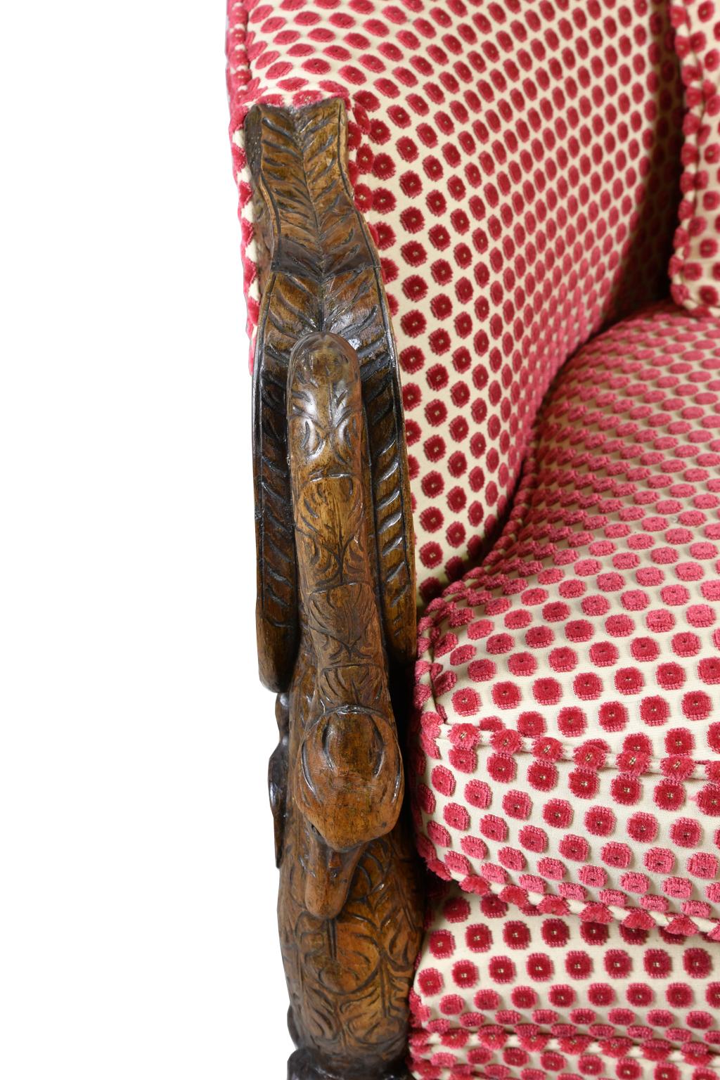 Belle Époque Upholstered Club Chair in Rose-Colored Cut Velvet with Carved Swans In Good Condition In Miami, FL