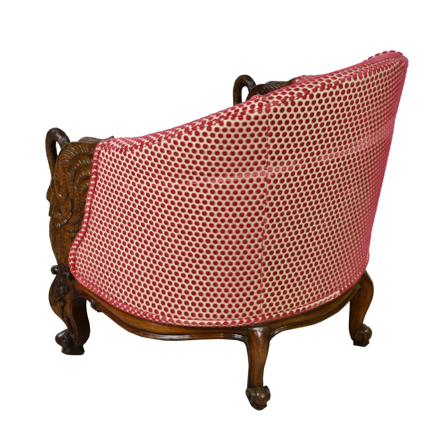 20th Century Belle Époque Upholstered Club Chair in Rose-Colored Cut Velvet with Carved Swans