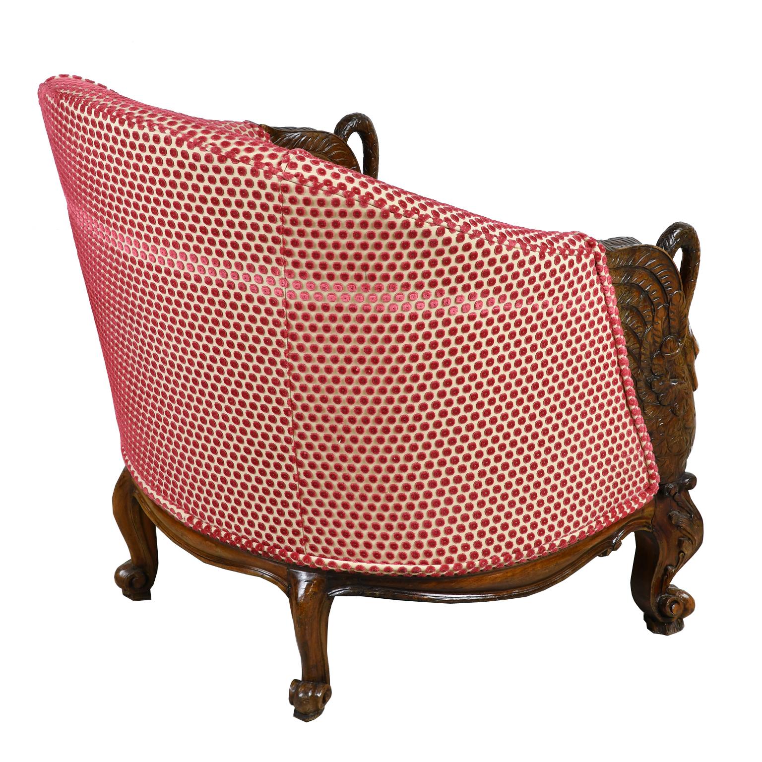 Belle Époque Upholstered Club Chair in Rose-Colored Cut Velvet with Carved Swans 1