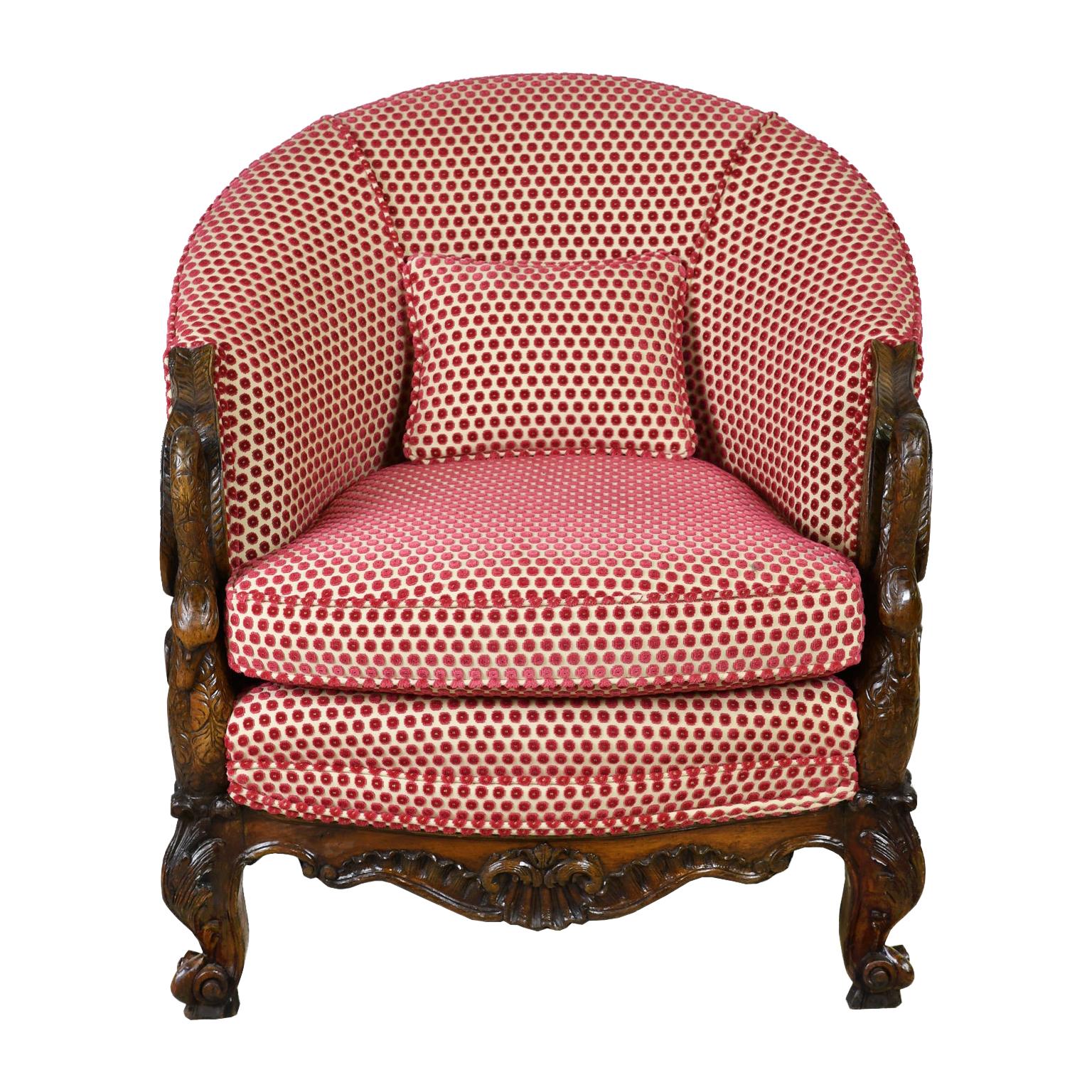 Belle Époque Upholstered Club Chair in Rose-Colored Cut Velvet with Carved Swans