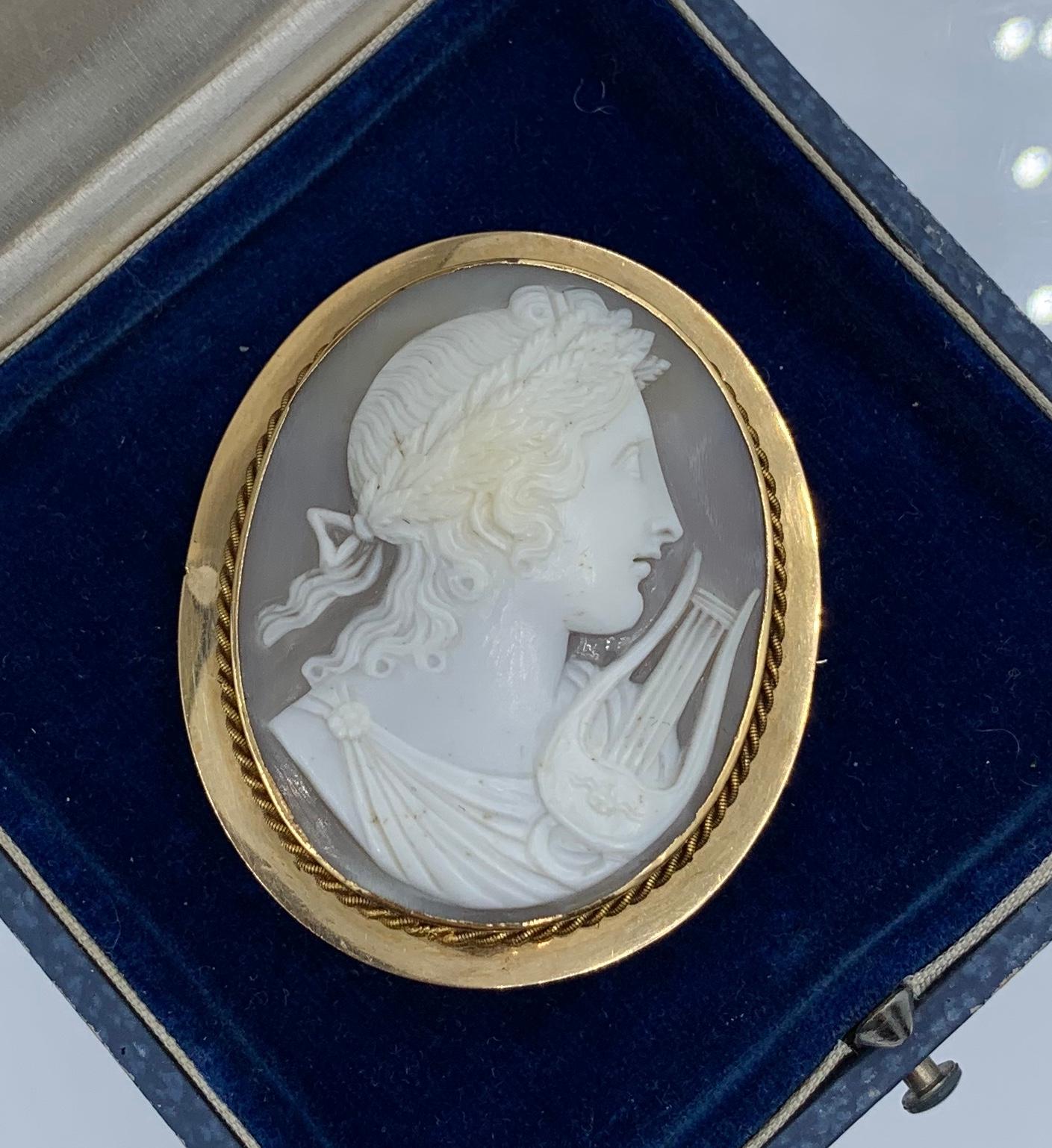 Victorian Belle Epoque Apollo God Lyre Musician Cameo Brooch 14 Karat Gold High Relief For Sale