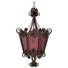 Antique Belle Epoque Wrought Iron Lantern with Purple Glass