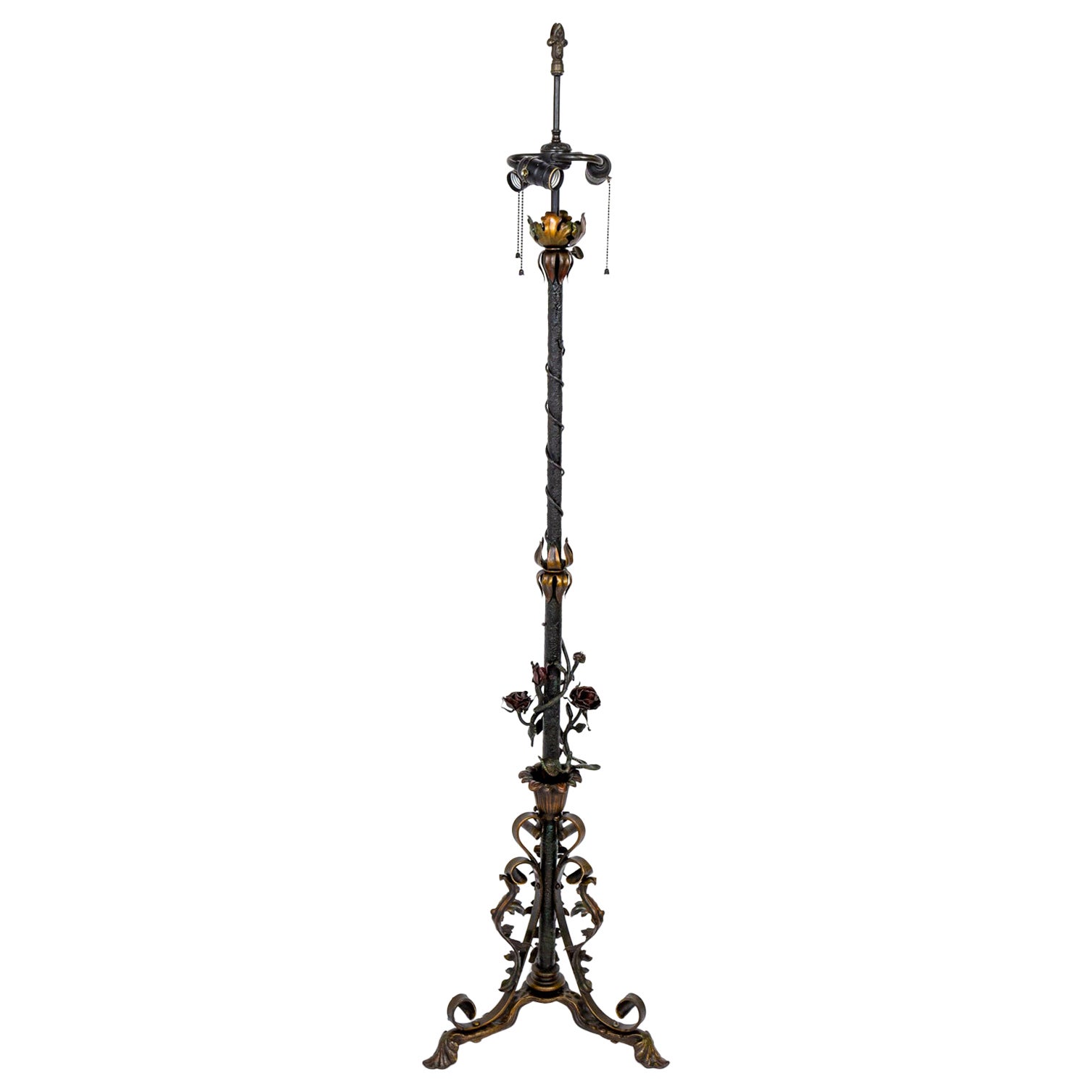 Lampada da terra Belle Epoque in ferro battuto a forma di rosa e vite