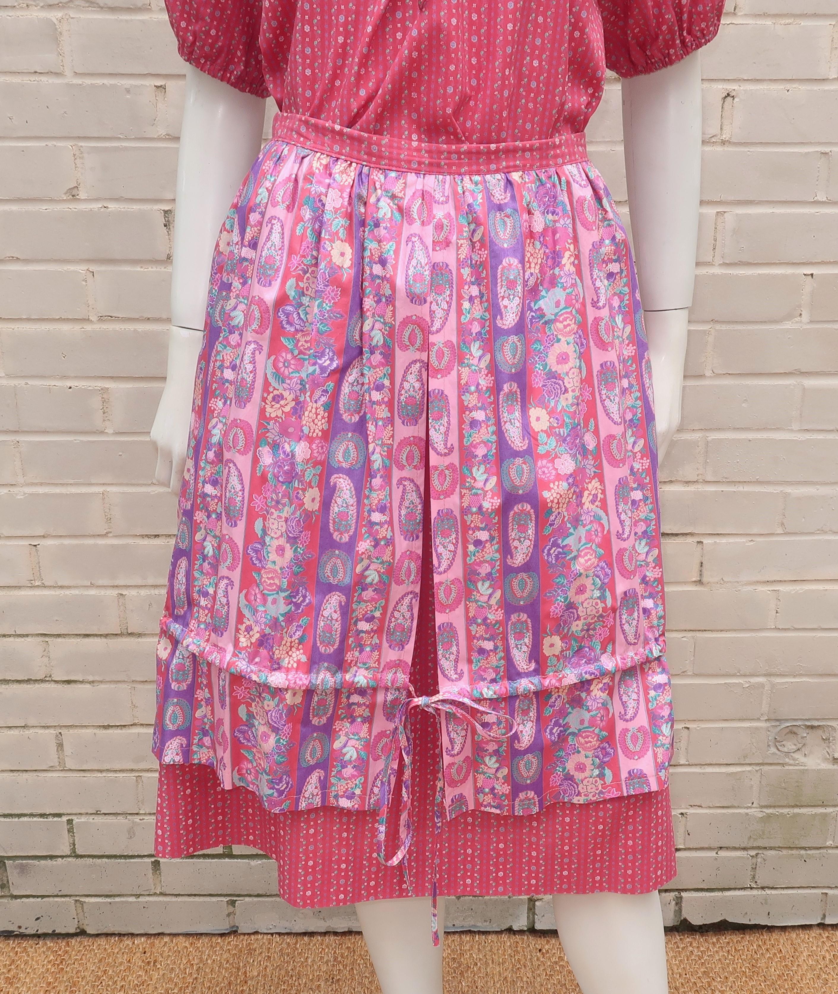Belle France Floral Cotton Peasant Top & Skirt Dress, 1970's For Sale 2
