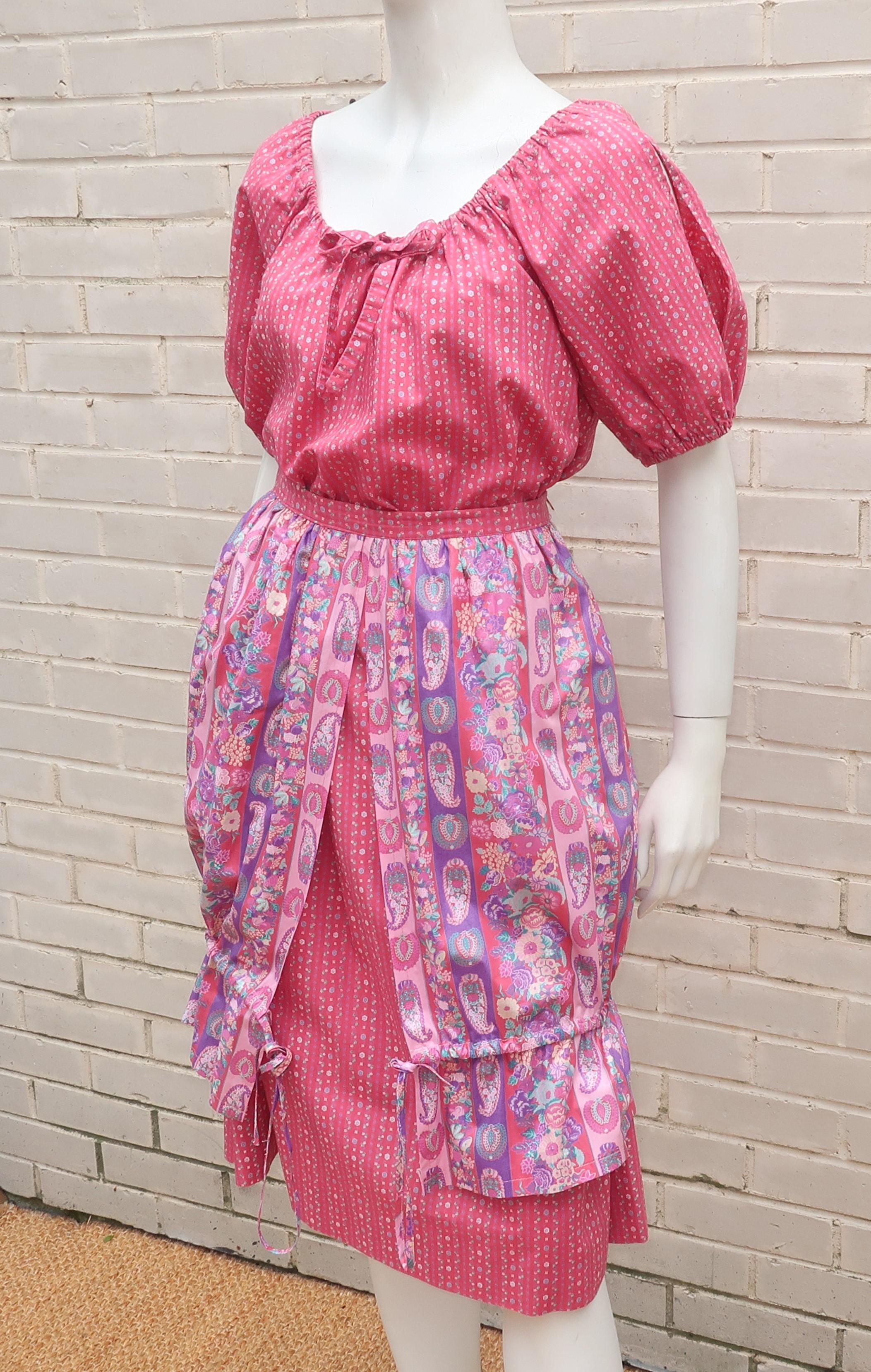 Pink Belle France Floral Cotton Peasant Top & Skirt Dress, 1970's For Sale
