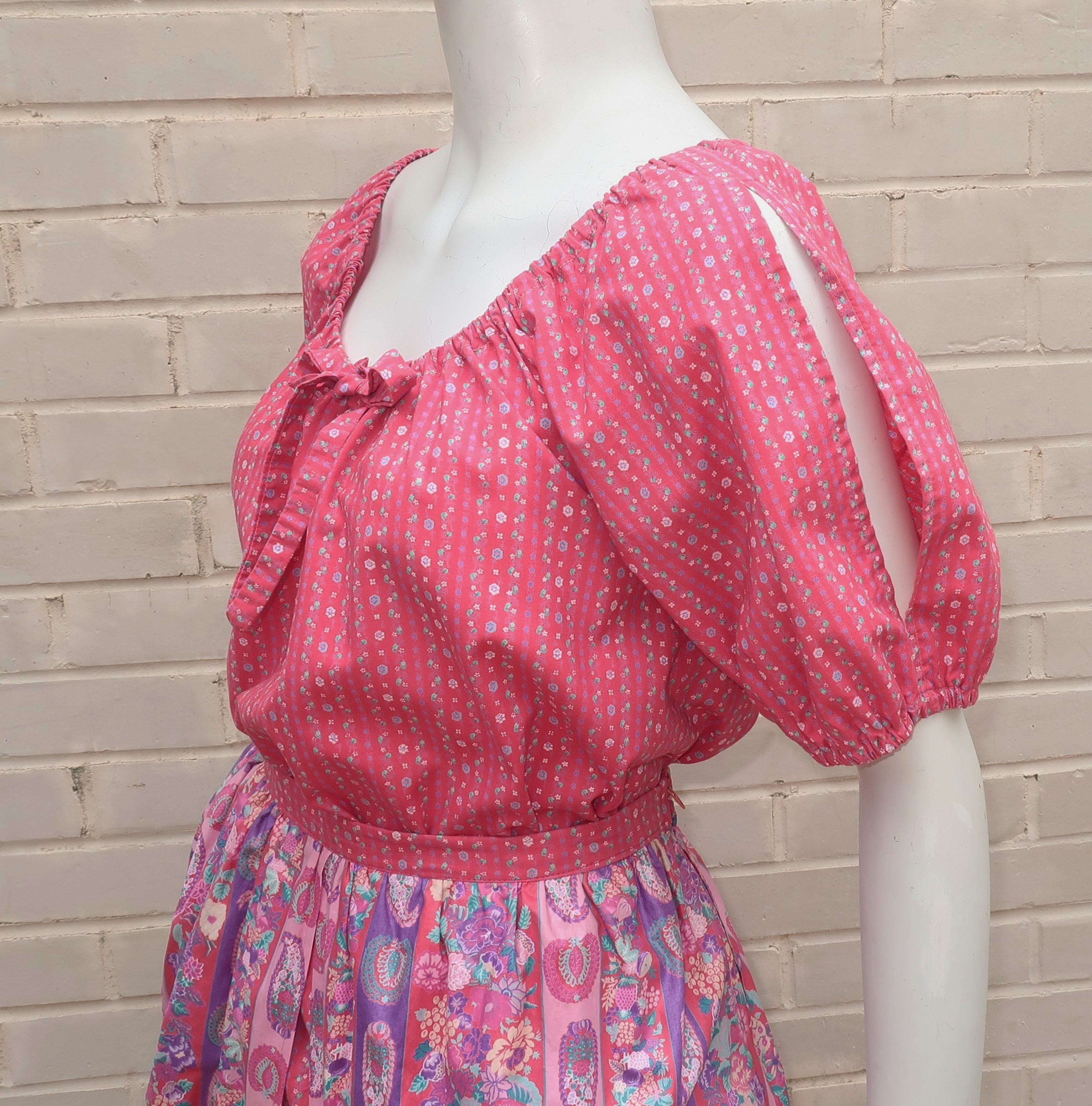 Belle France Floral Cotton Peasant Top & Skirt Dress, 1970's In Good Condition For Sale In Atlanta, GA