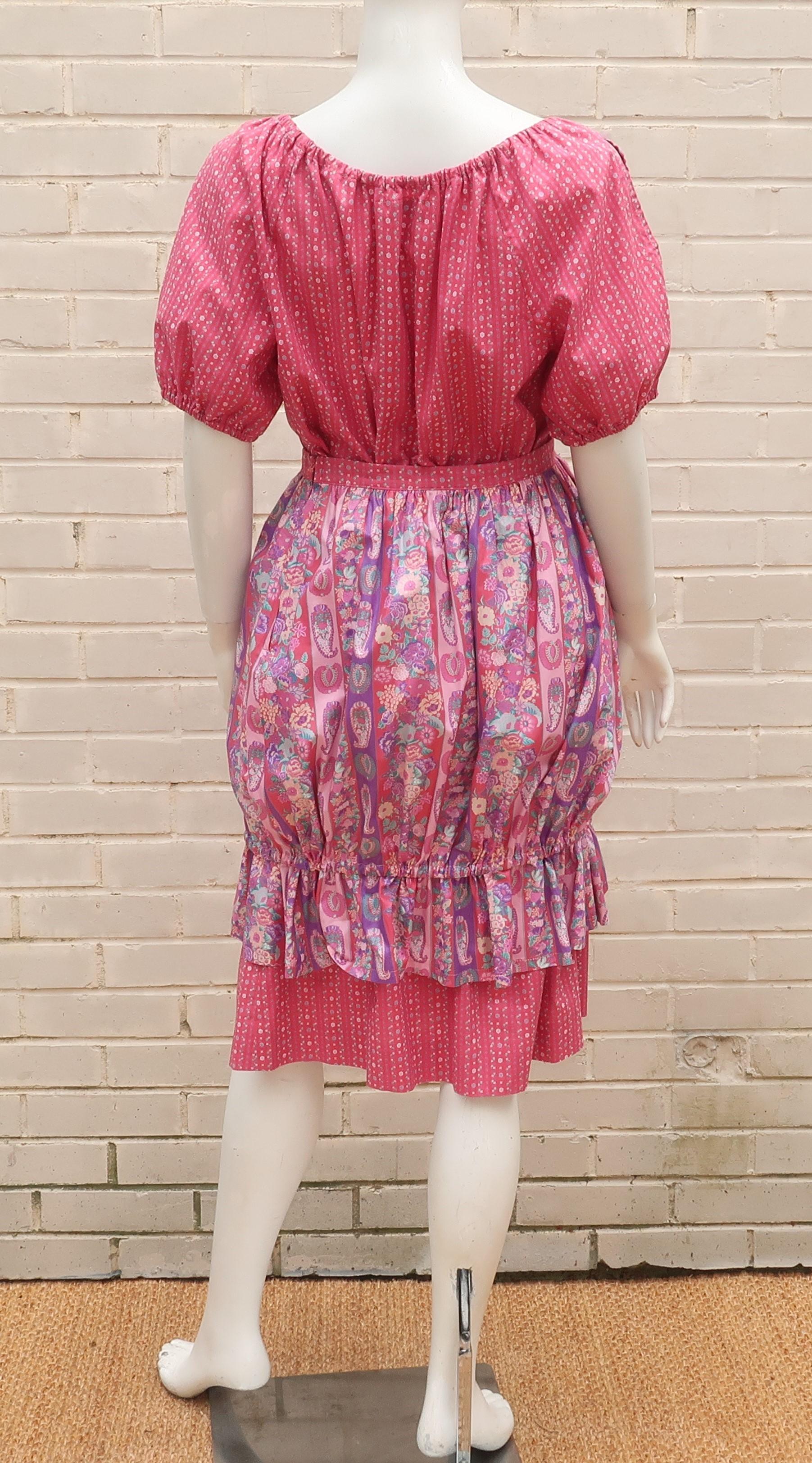 Women's Belle France Floral Cotton Peasant Top & Skirt Dress, 1970's For Sale