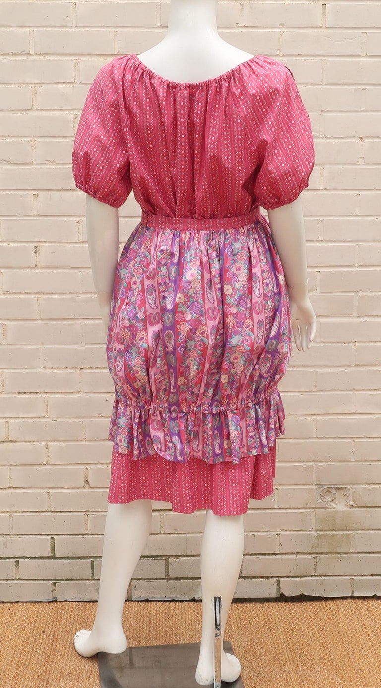 Belle France Floral Cotton Peasant Top and Skirt Dress, 1970's For