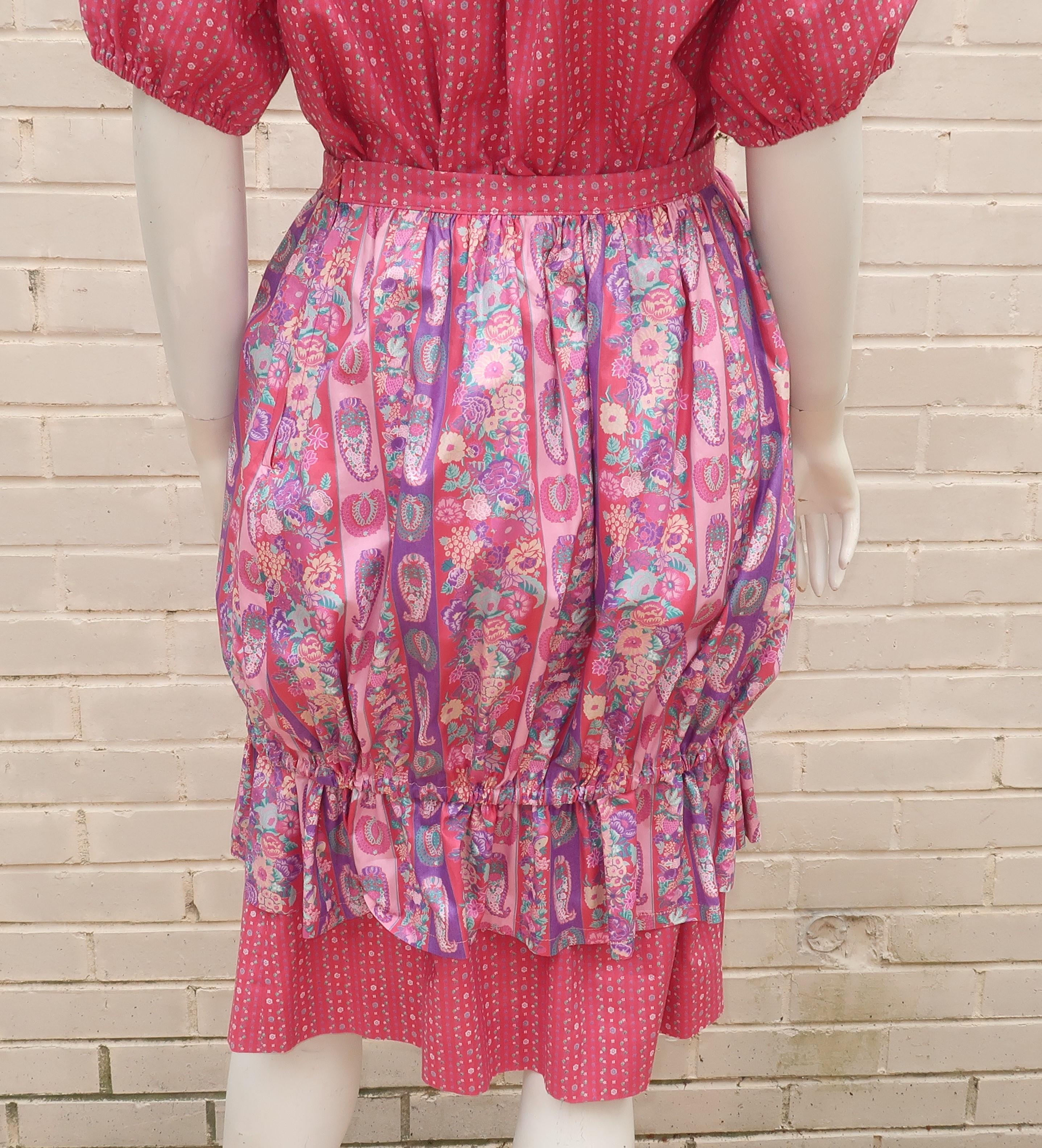 Belle France Floral Cotton Peasant Top & Skirt Dress, 1970's For Sale 1