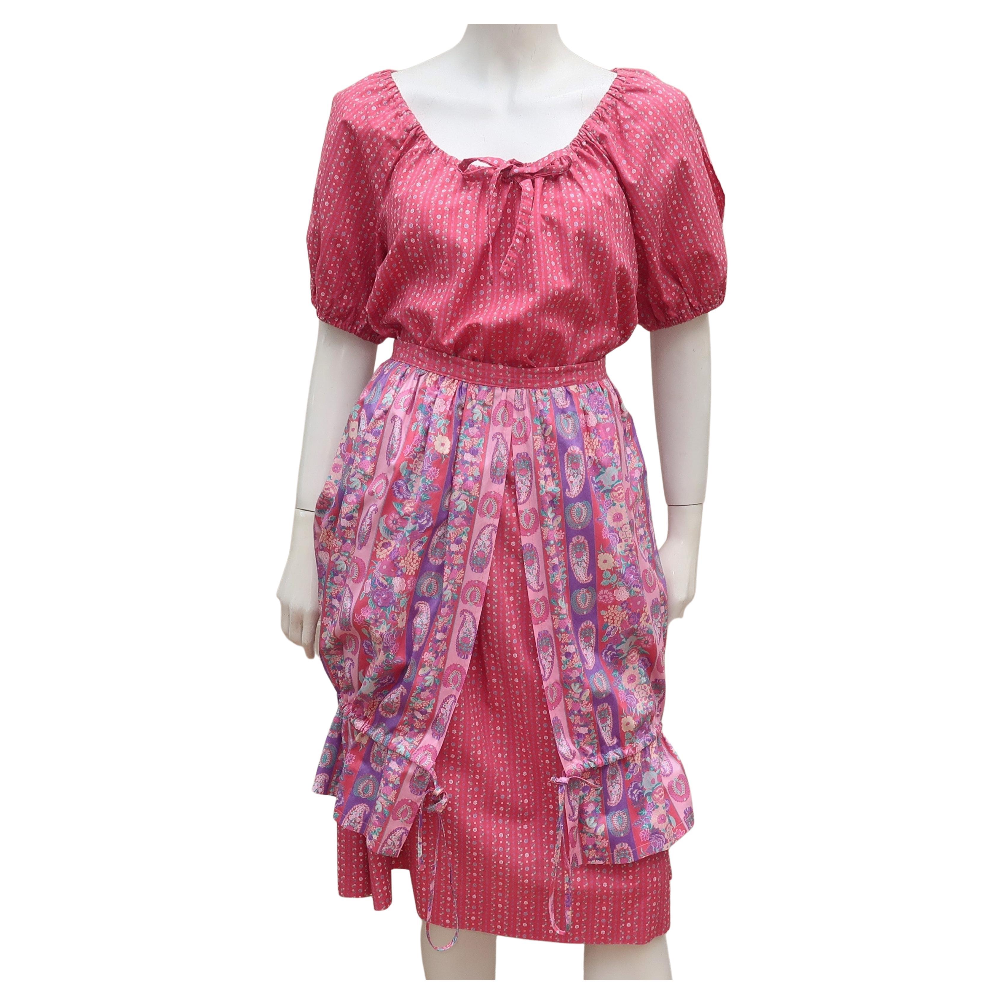 Belle France Floral Cotton Peasant Top & Skirt Dress, 1970's For Sale