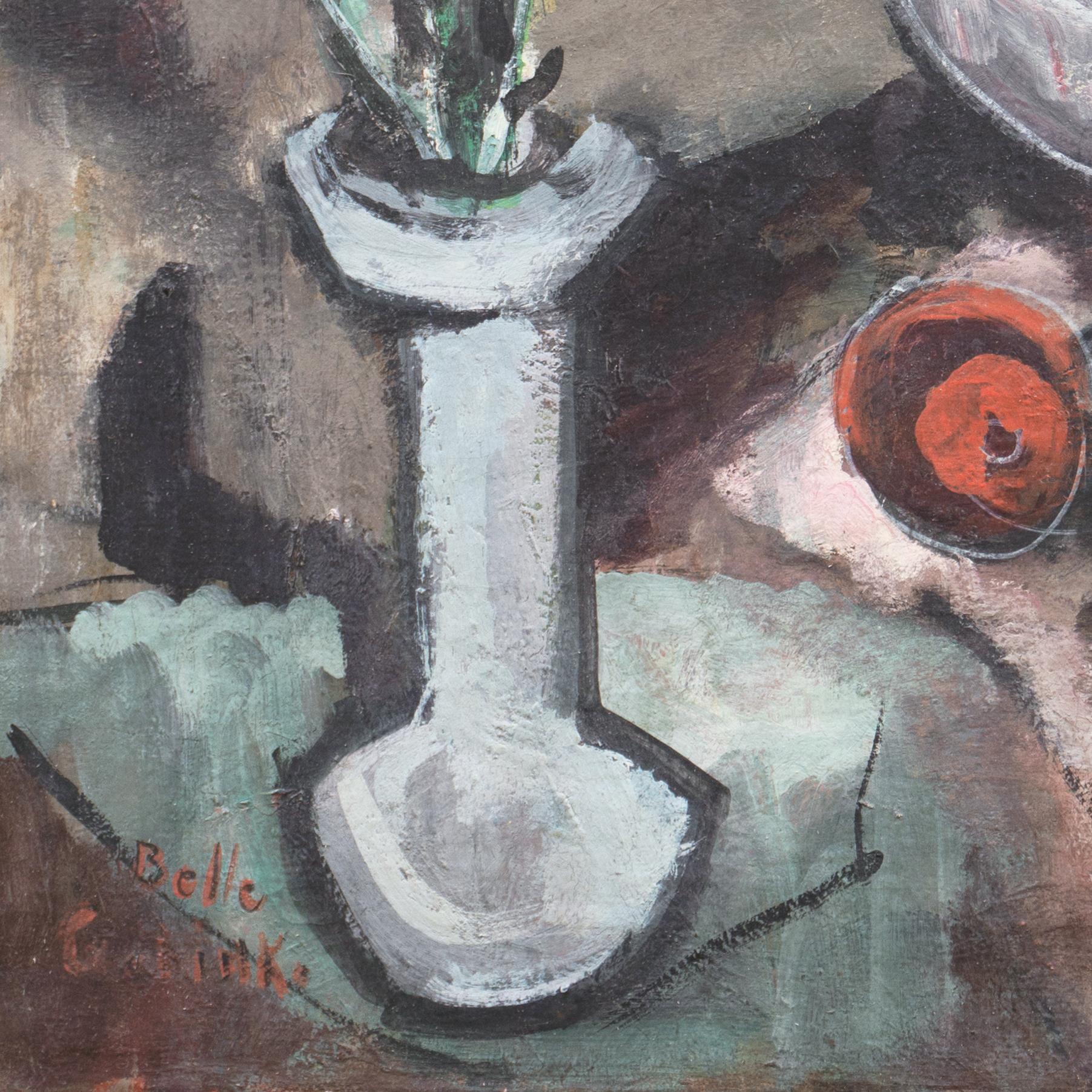 „Interior with Still Life“, Dallas Art Museum, Modernistisches Ölgemälde, Künstlerin als Frau (Grau), Still-Life Painting, von Belle Golinko