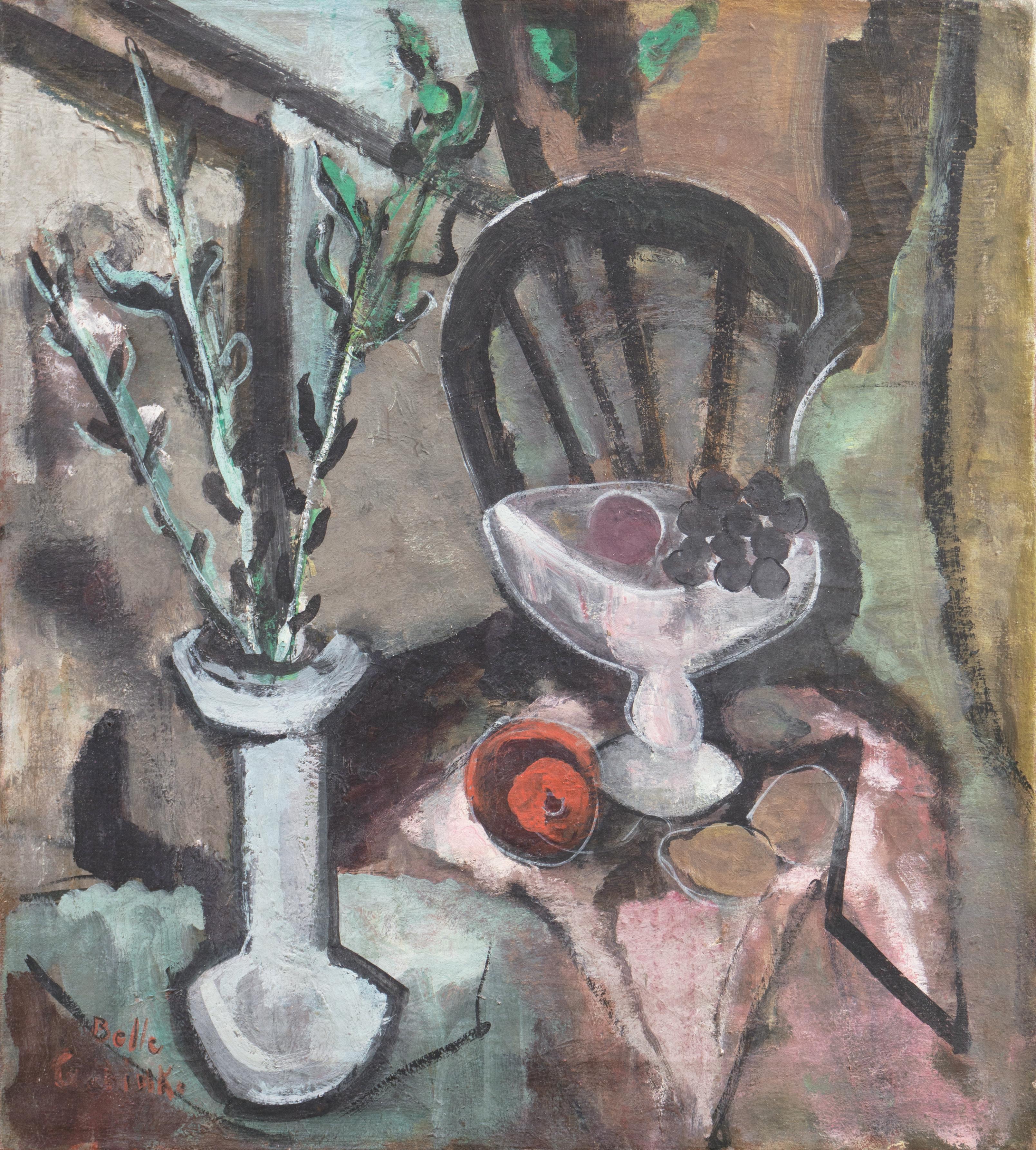 Belle Golinko Still-Life Painting – „Interior with Stillleben“, Dallas Art Museum, Modernistisches Ölgemälde, Künstlerin