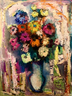 Jewish Expressionistisches Ölgemälde aus der Mitte des Jahrhunderts, geblümte lebhafte, farbenfrohe Blumen