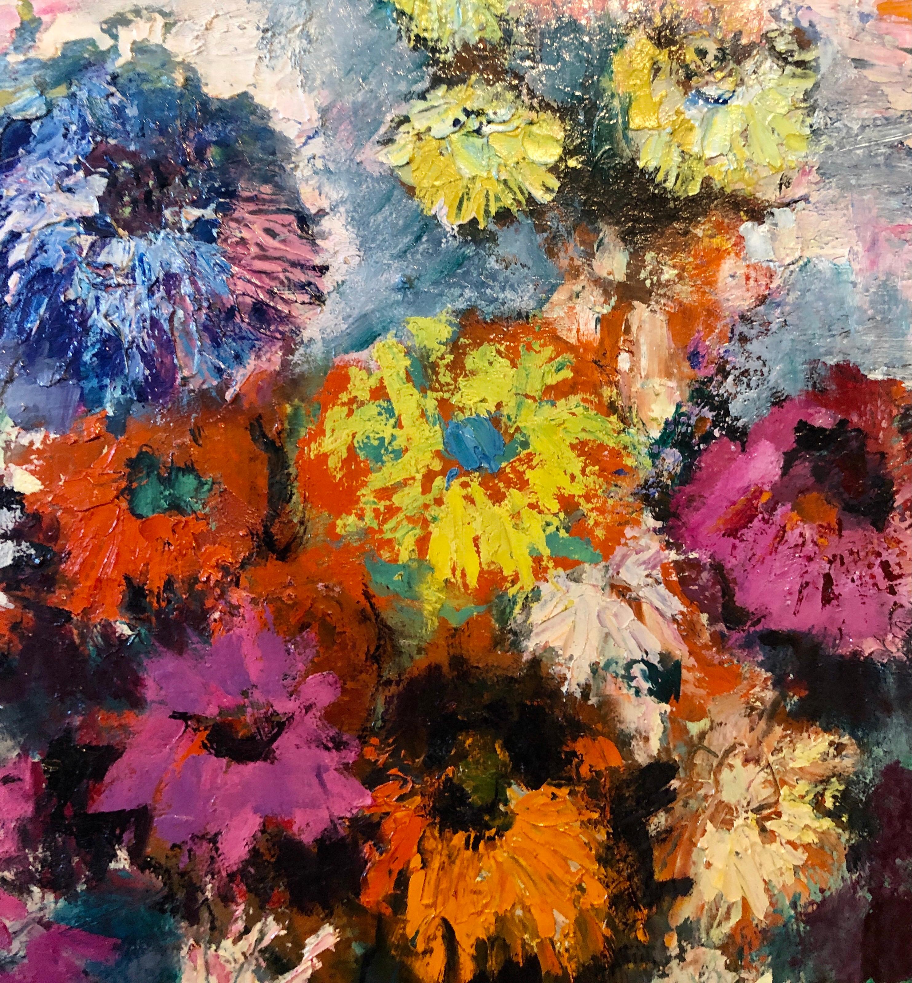 Pintura gestual al empasto de flores en un jarrón.
Tamaño de la mira 23,5