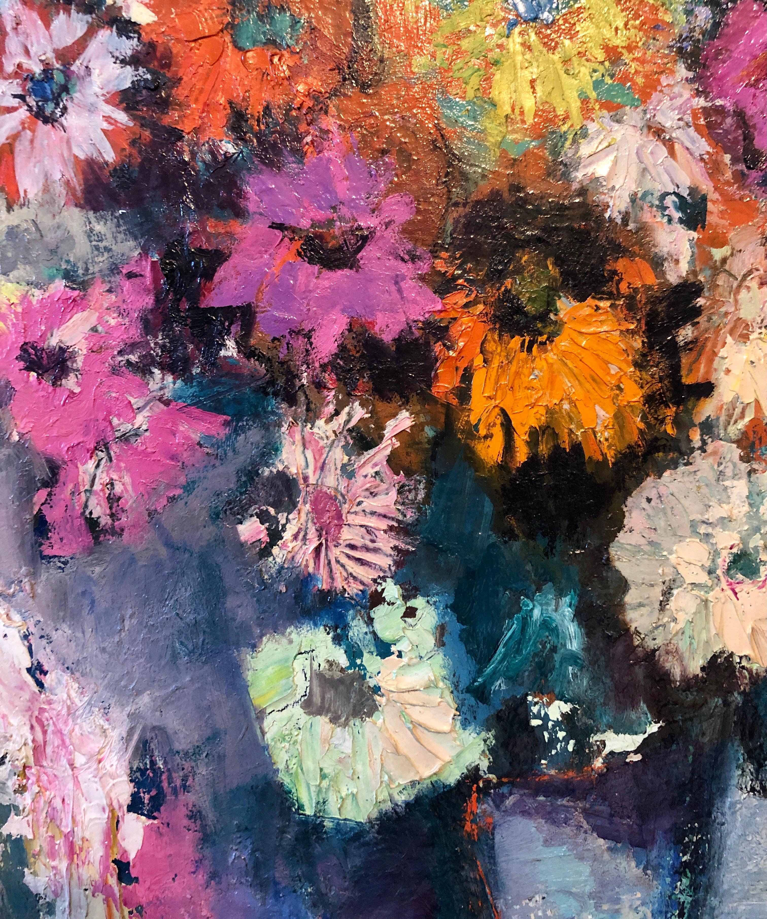 Peinture à l'huile expressionniste juive du milieu du siècle - Fleurs florales vibrantes et colorées en vente 1