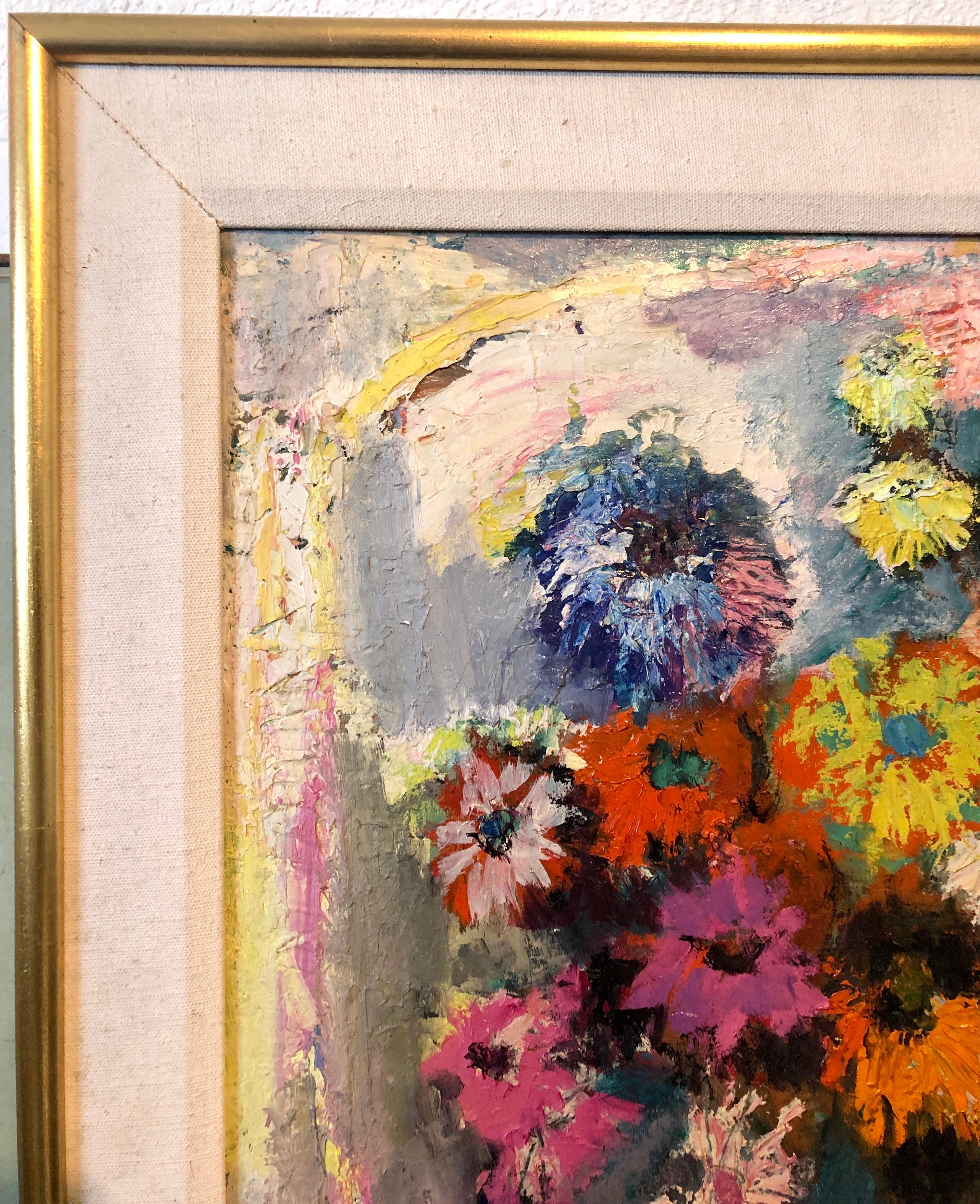 Peinture à l'huile expressionniste juive du milieu du siècle - Fleurs florales vibrantes et colorées en vente 2