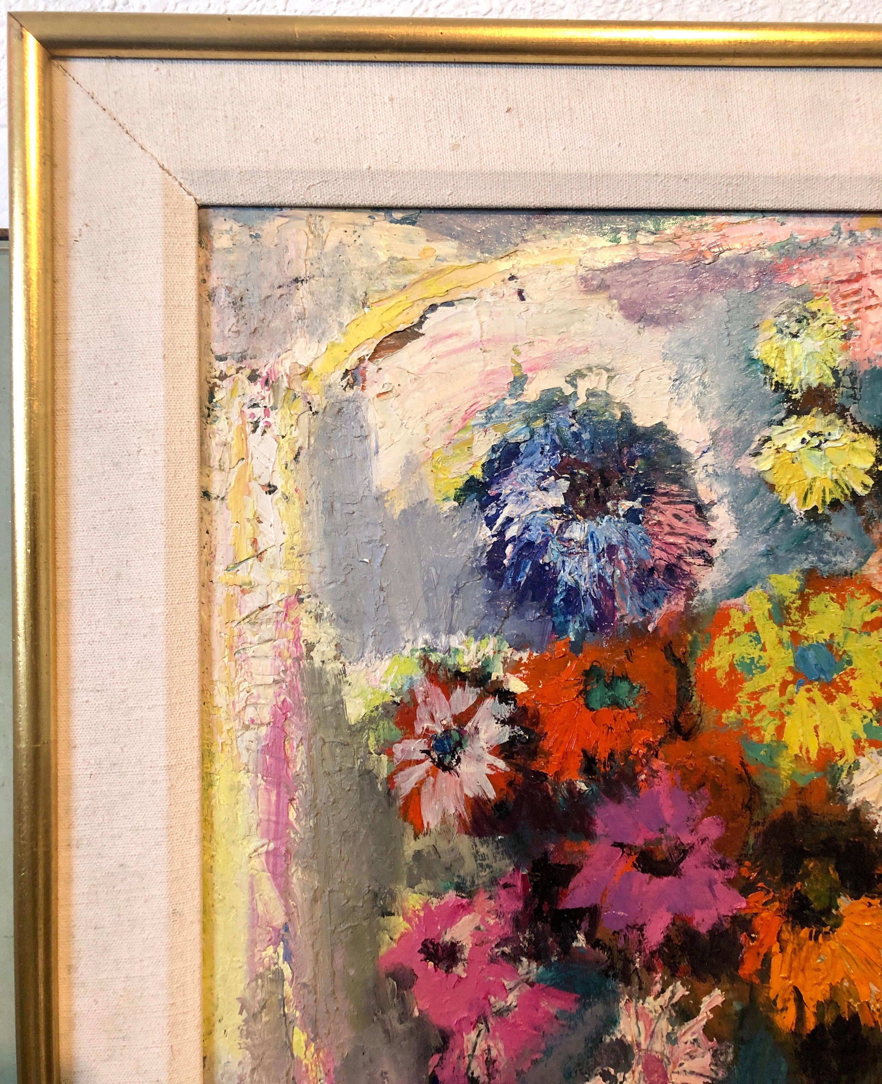 Pintura al óleo expresionista judía de mediados de siglo Flores de colores vibrantes en venta 2