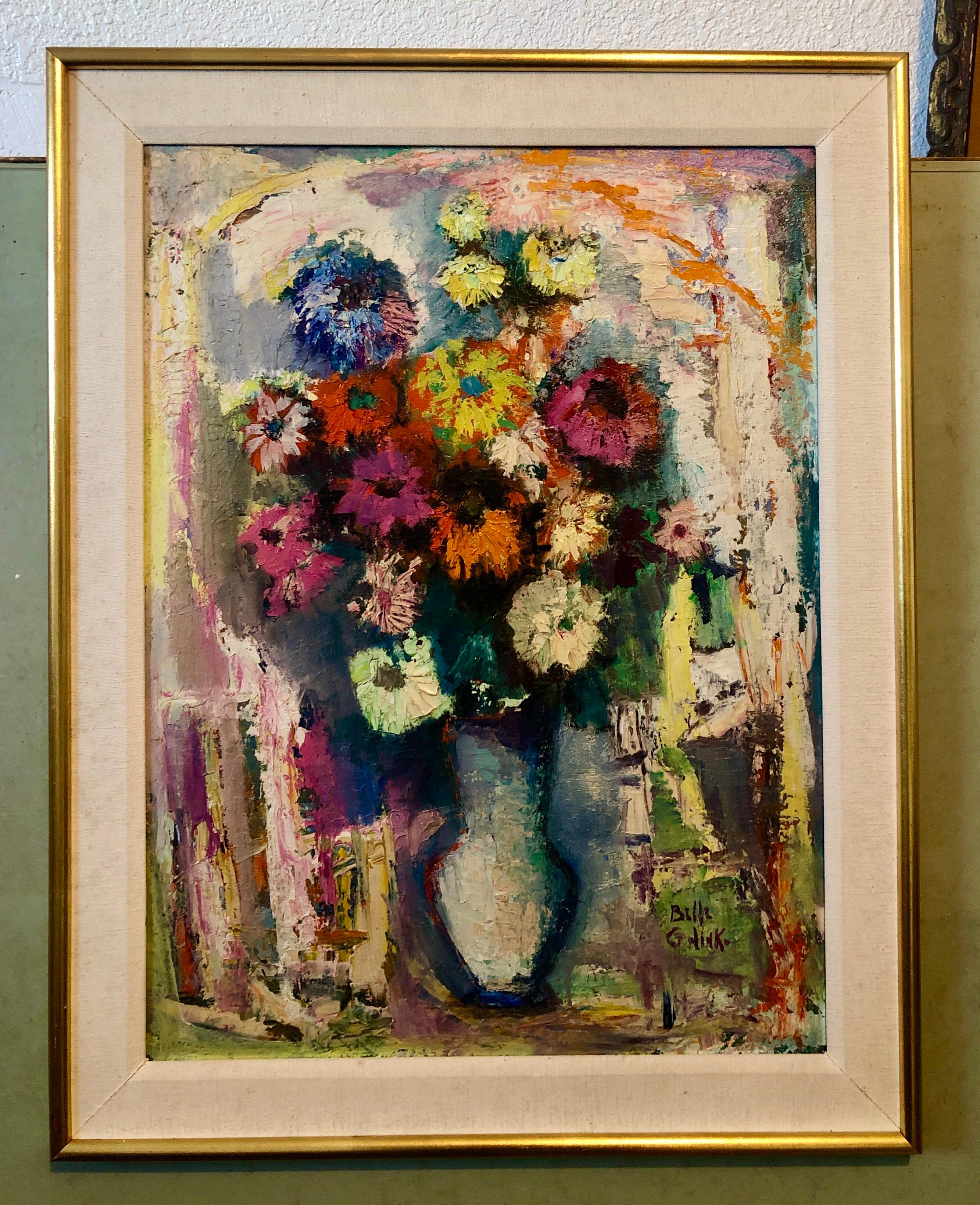 Peinture à l'huile expressionniste juive du milieu du siècle - Fleurs florales vibrantes et colorées en vente 3