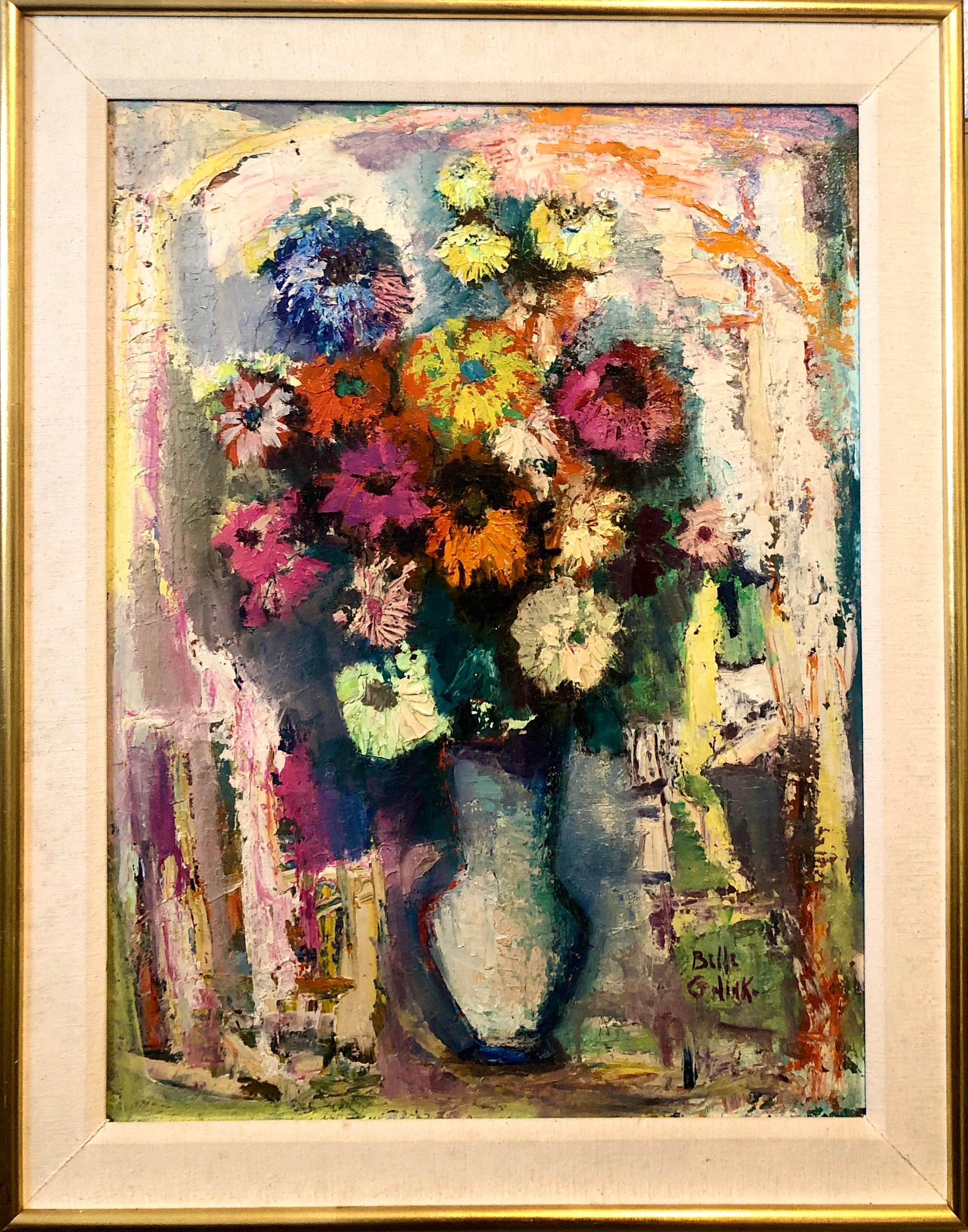 Still-Life Painting de Belle Golinko - Pintura al óleo expresionista judía de mediados de siglo Flores de colores vibrantes