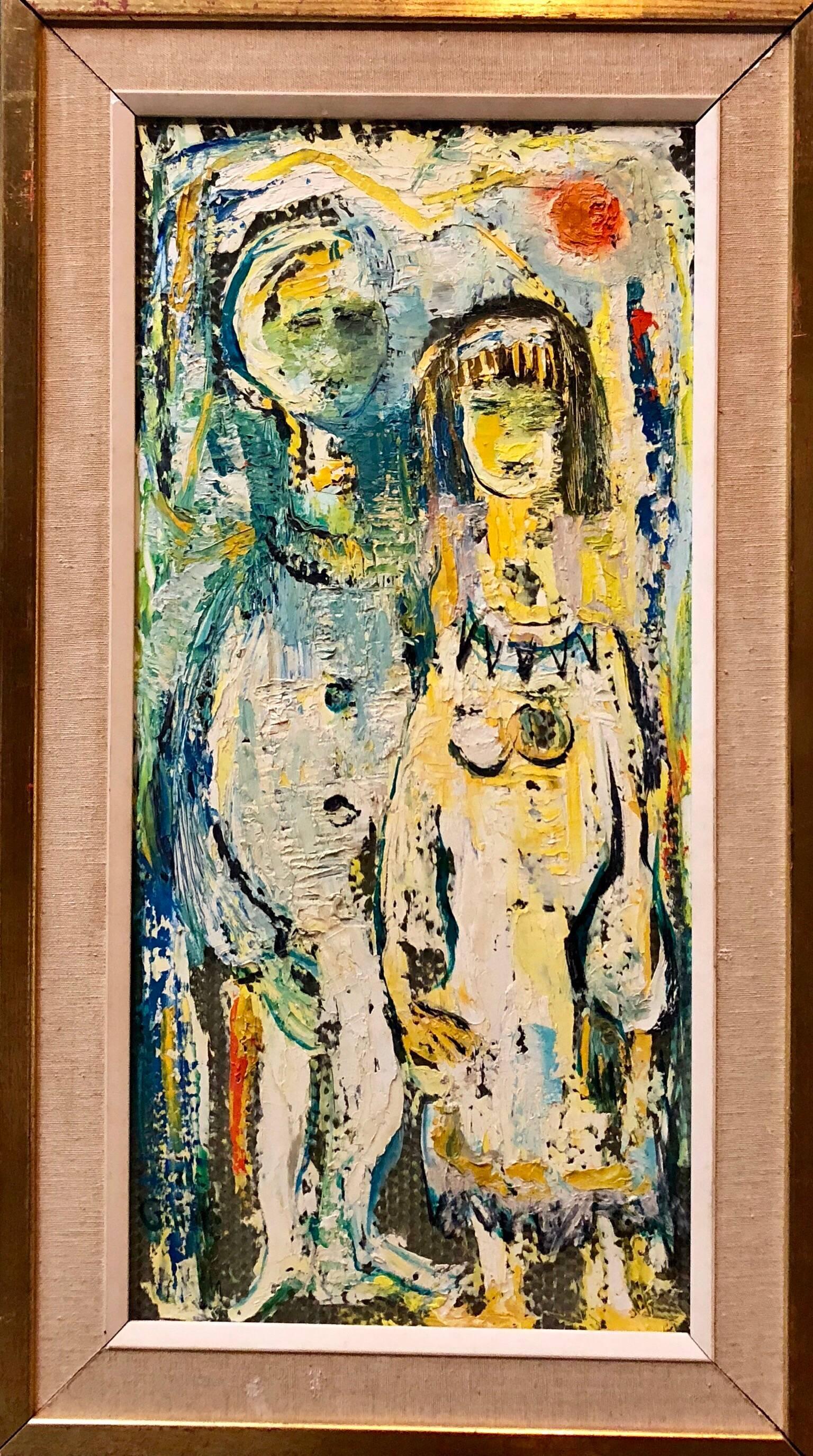 Abstracted painting of a man and a woman, the paint has been applied to textured plastic.

An abstracted painting of a couple applying paint to the textured plastic surface. Genre Expressionist Fauvist Subject People Medium Acrylic Plastic Surface