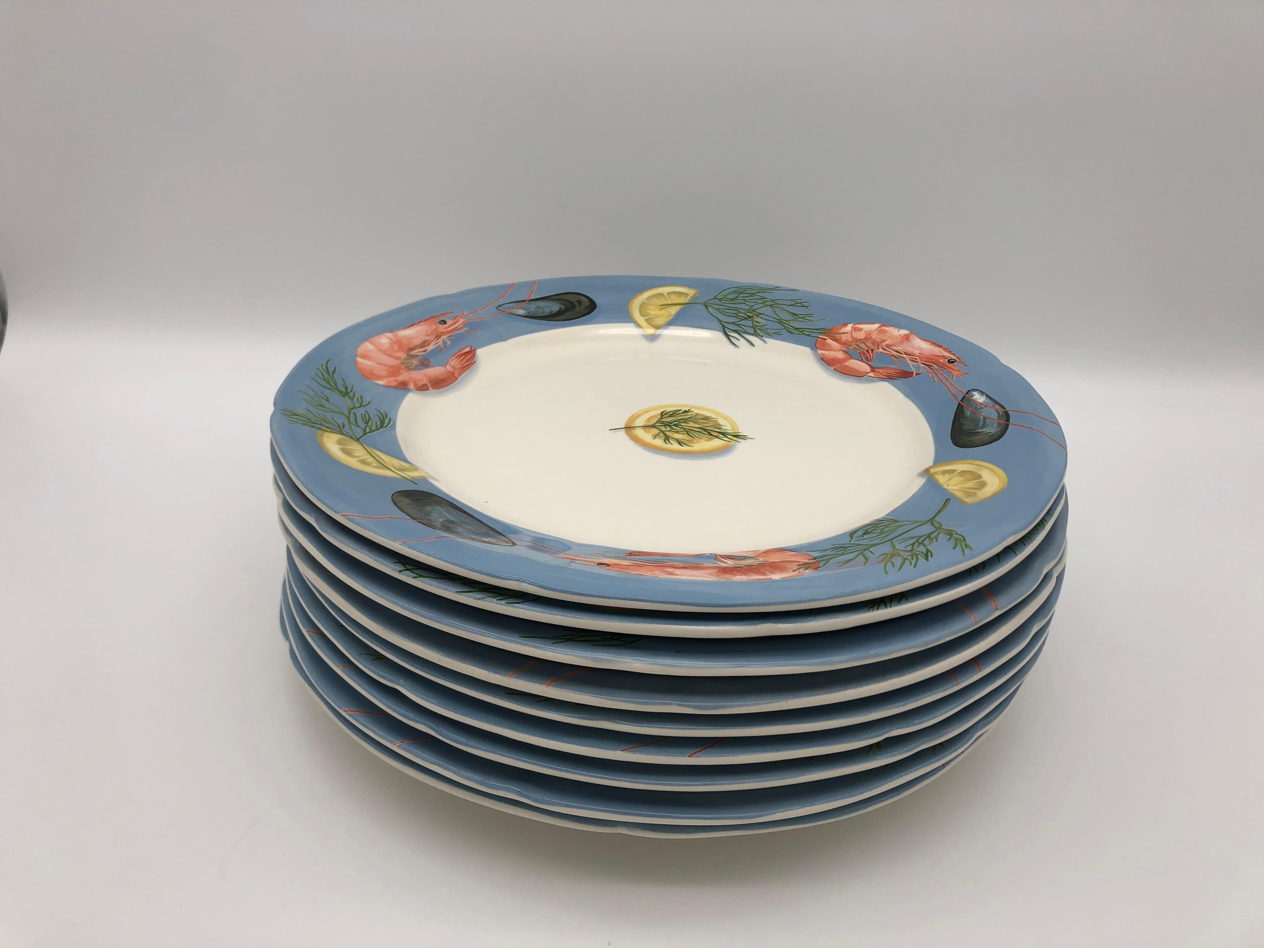 Belle-île by Gien France Seafood Plates, 9 Dinner Plates In Excellent Condition In Vienna, AT