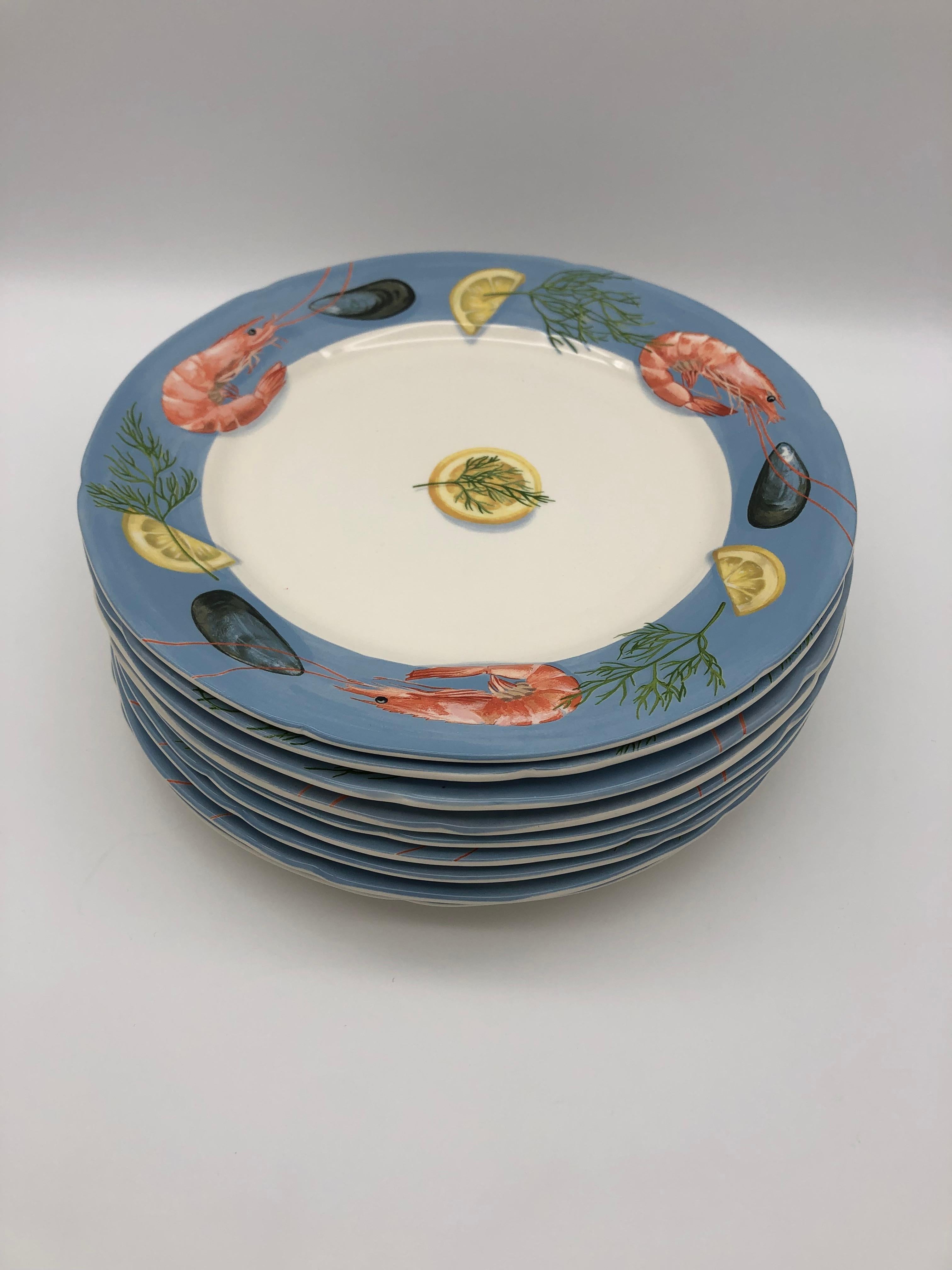 French Belle-île by Gien France Seafood Plates, 9 Dinner Plates