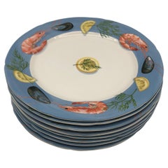 Vintage Belle-île by Gien France Seafood Plates, 9 Dinner Plates