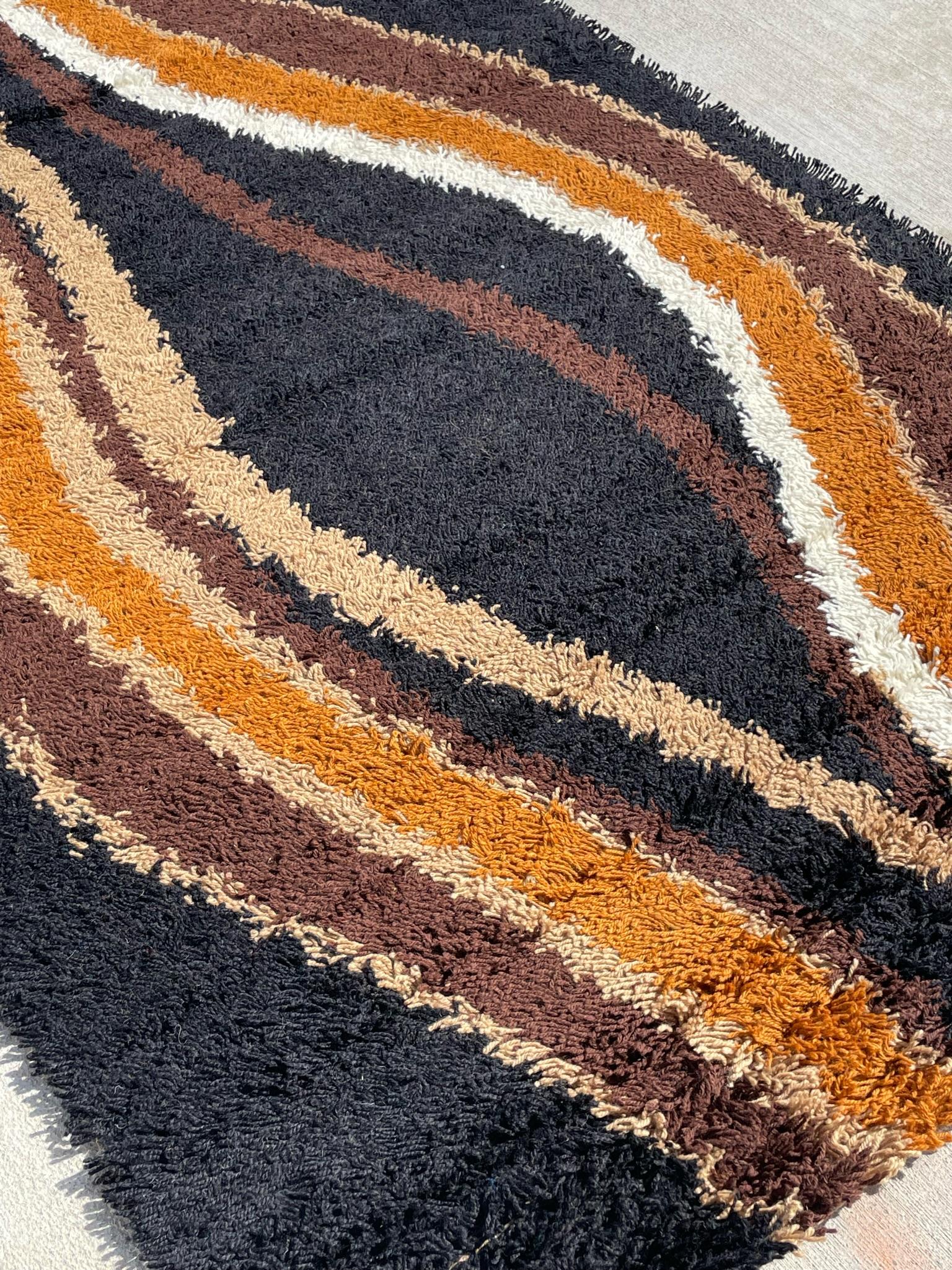 Metà XX secolo BELLE RYA Tappeto Scandinavo INUTILIZZATO del Mid Century Modern Danish Rug Nero Marrone Lana in vendita