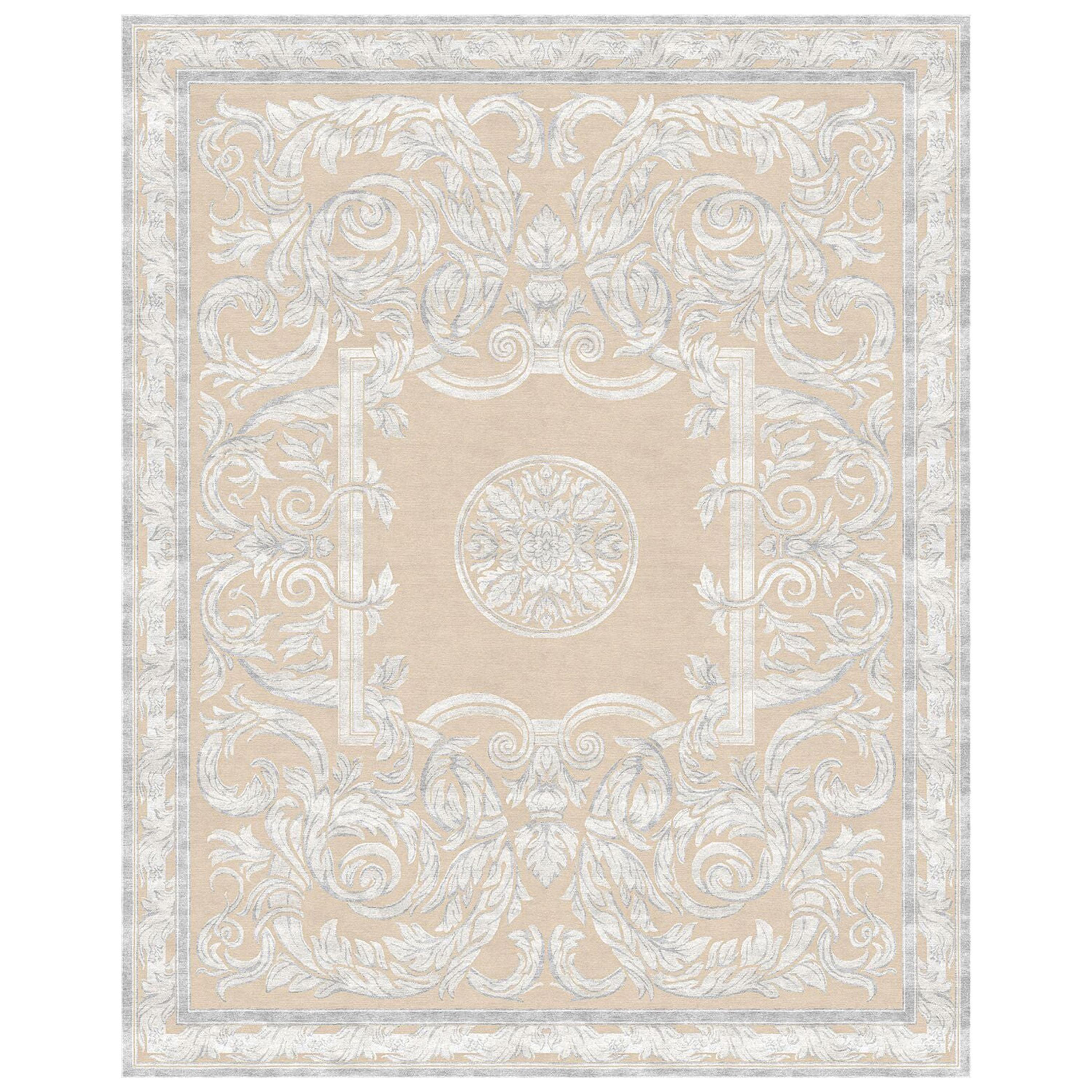 Modern Classic White Beige Rug for living room - Aubusson Heraldy Scroll White For Sale