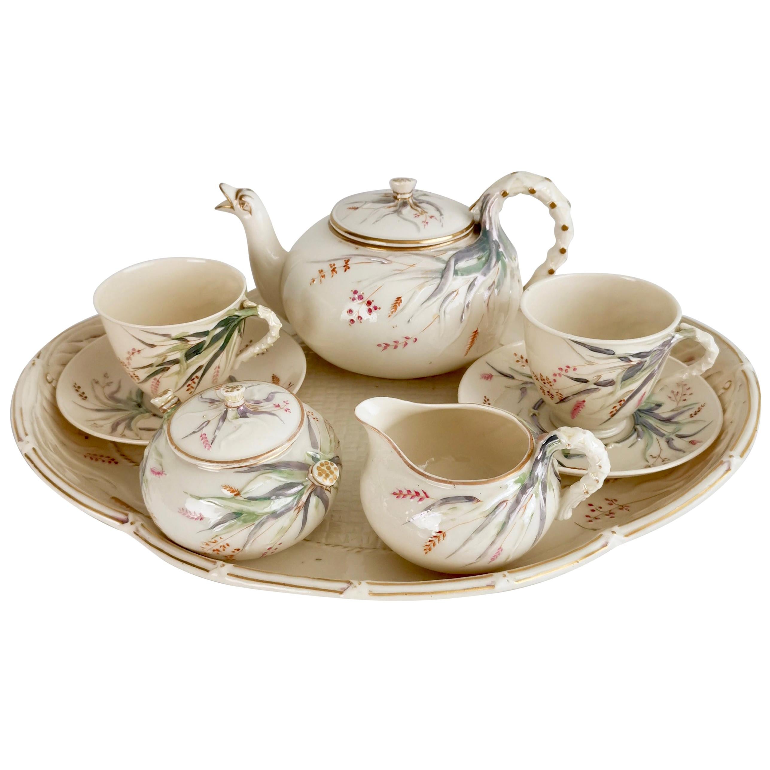 Belleek Porcelain Cabaret Tea Set for Two, Grass Design, Victorian 1863-1891