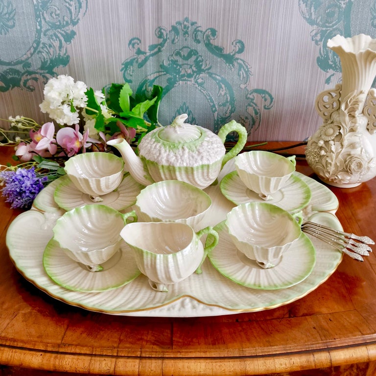 Belleek Porcelain Cabaret Tea Set, Green Neptune, Victorian, 18911926