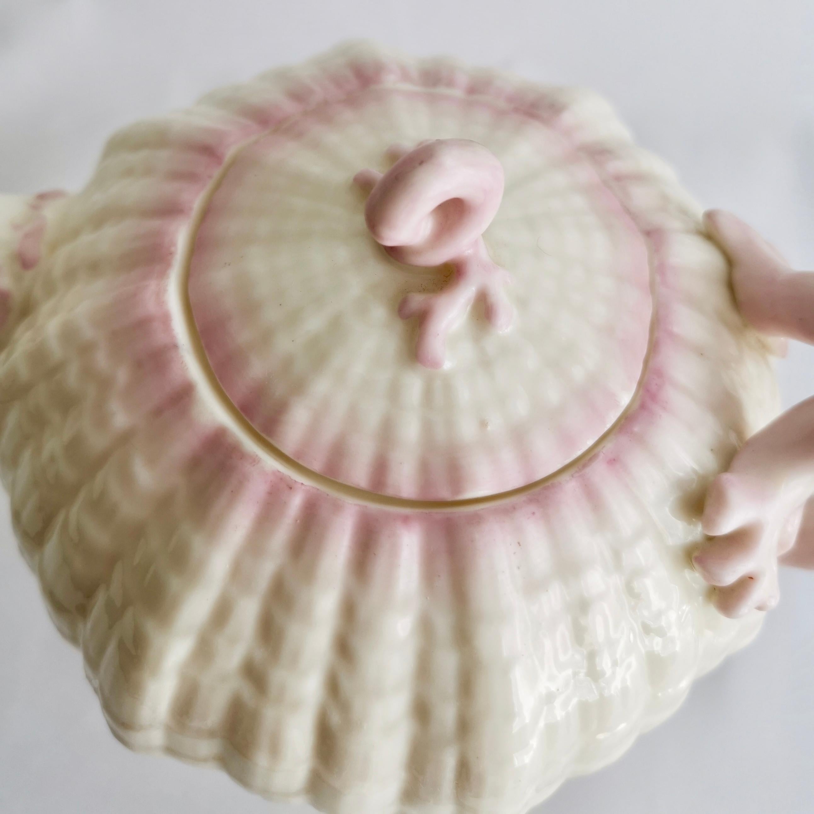 Late 19th Century Belleek Porcelain Cabaret Tea Set, Pink Tridacna Shell, Victorian 1891-1926