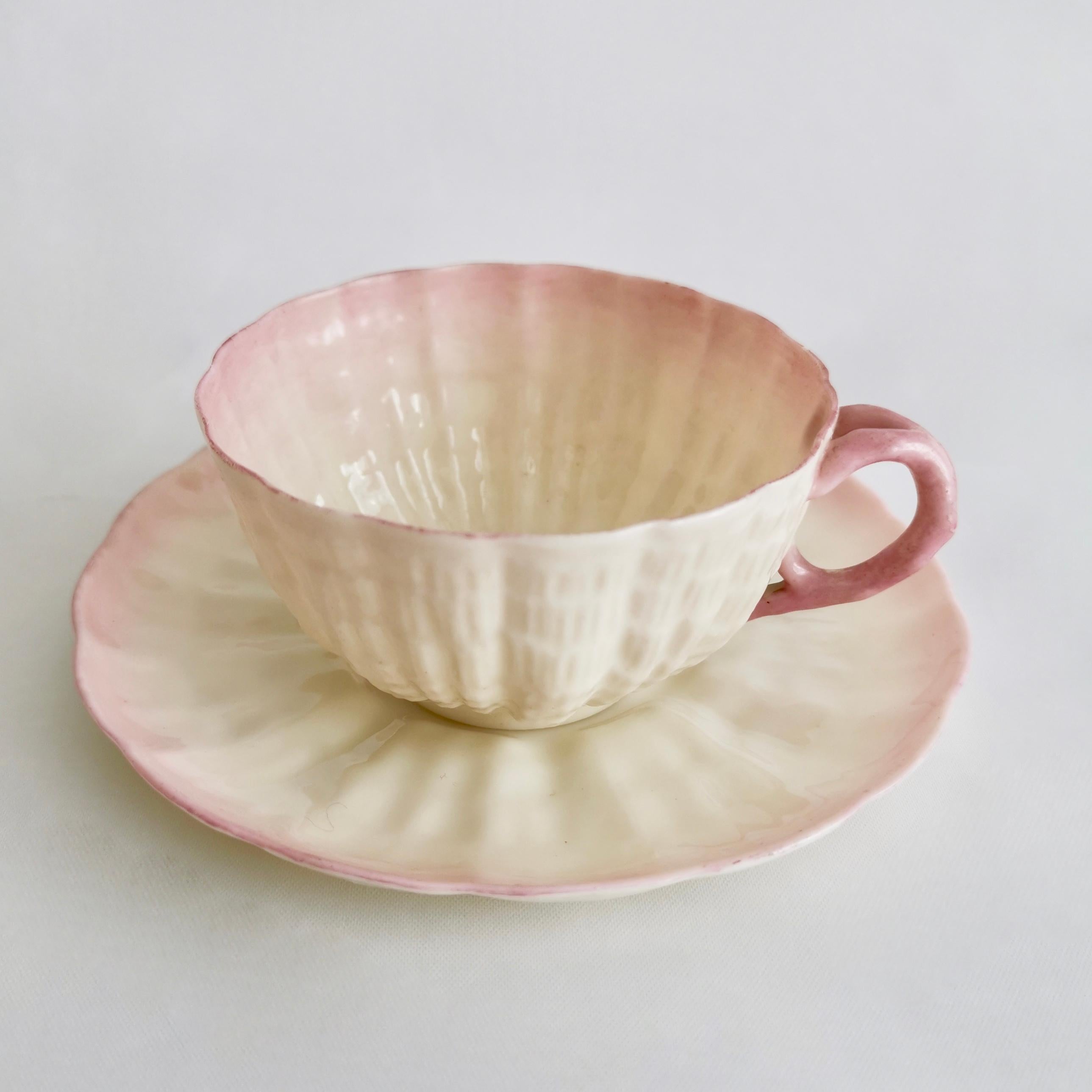 Northern Irish Belleek Porcelain Cabaret Tea Set, Pink Tridacna Shell, Victorian 1891-1926