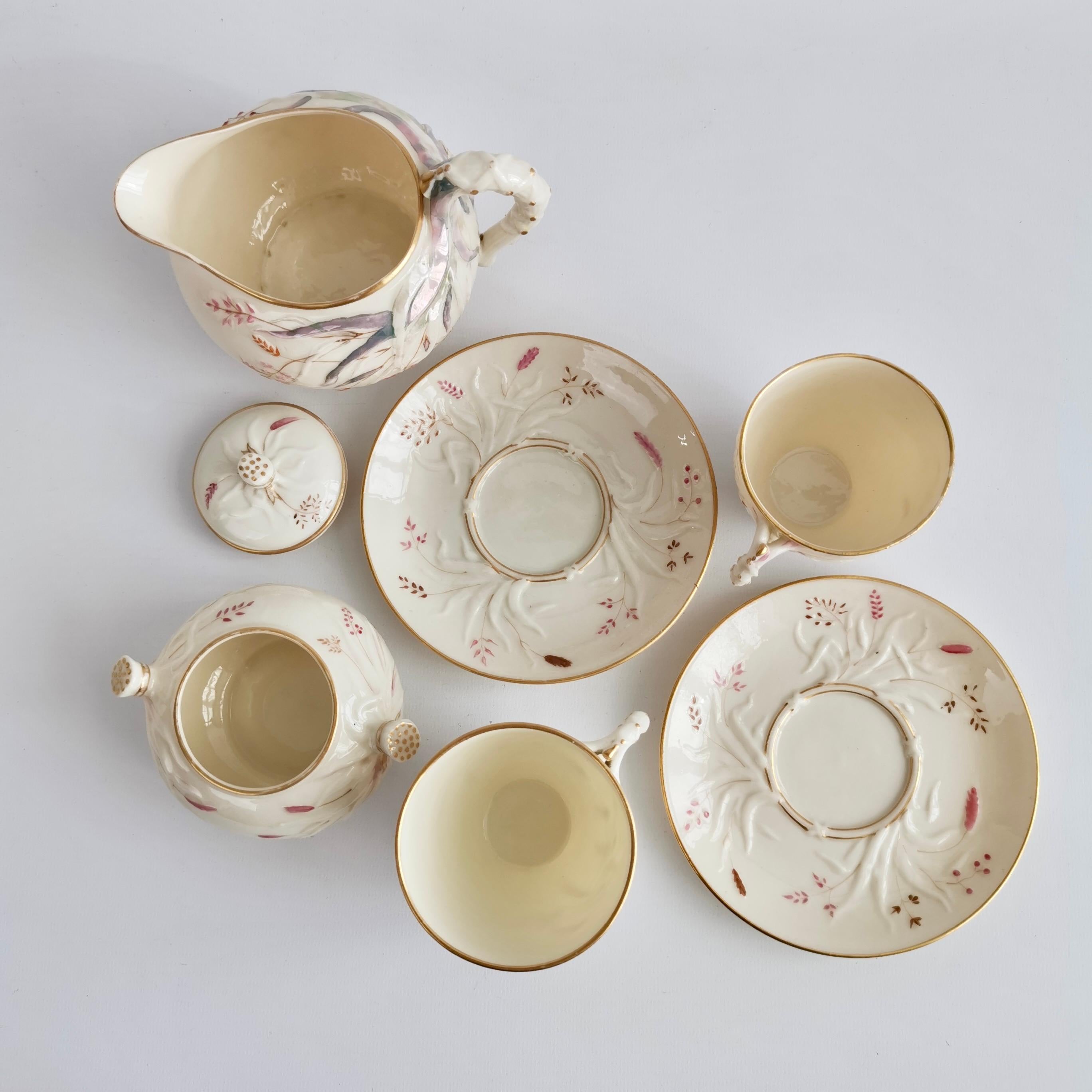 Belleek Cabaret Tea Set for Two, Cream Grass Pattern, Victorian 1863-1891 For Sale 4