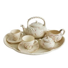 Antique Belleek Cabaret Tea Set for Two, Cream Grass Pattern, Victorian 1863-1891