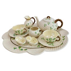 Antique Belleek Cabaret Tea Set for Two, Shamrock Pattern, 1891-1946