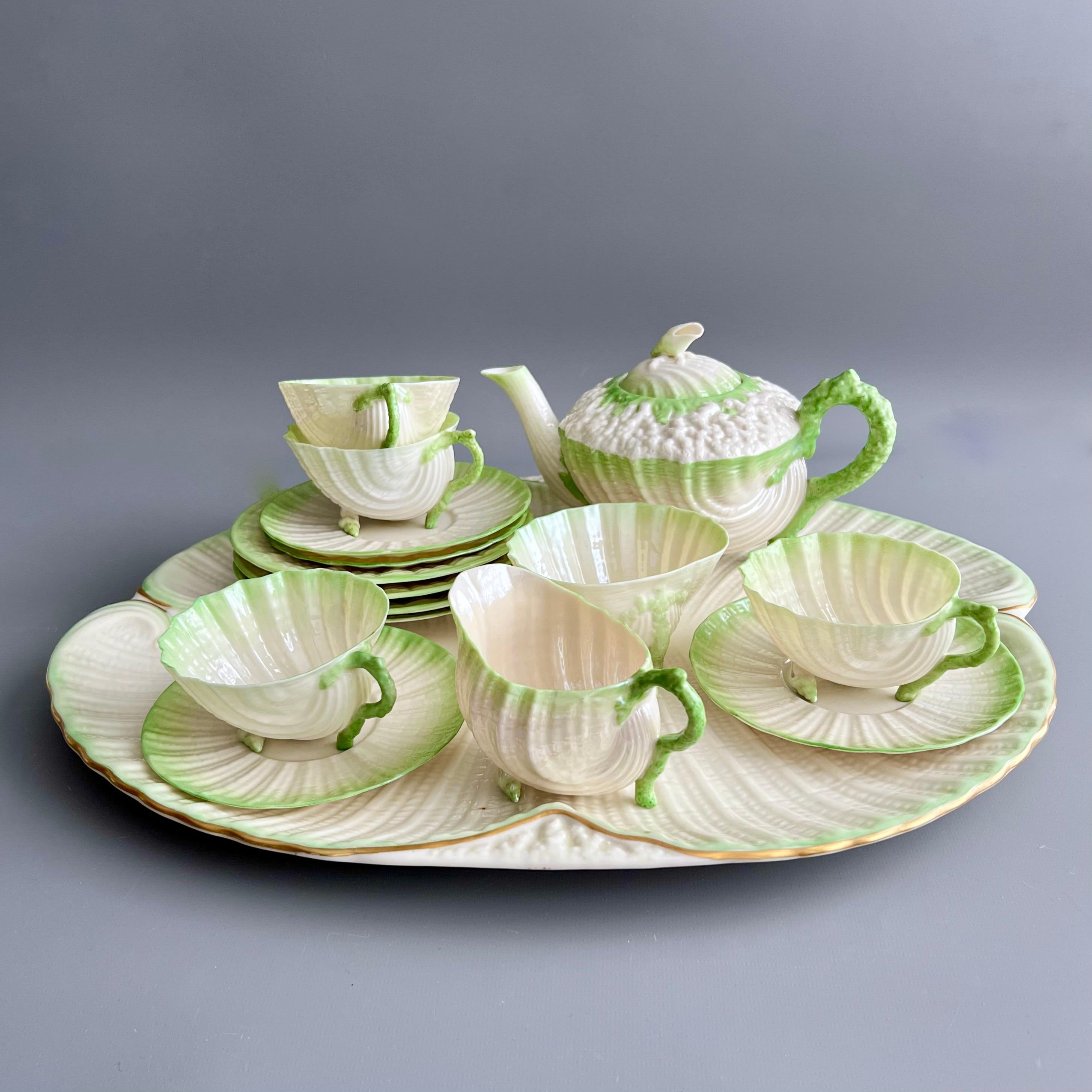 Victorian Belleek Cabaret Tea Set Serving Four, Green Neptune, 1863-1946