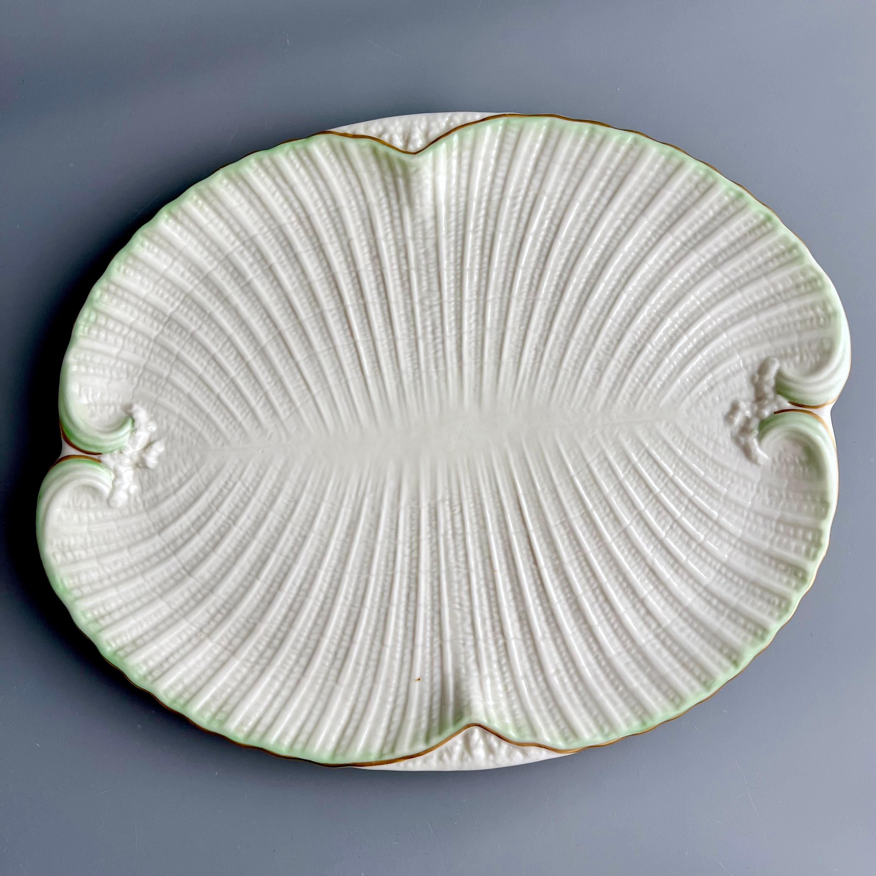 Porcelain Belleek Cabaret Tea Set Serving Four, Green Neptune, 1863-1946