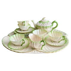 Antique Belleek Cabaret Tea Set Serving Four, Green Neptune, 1863-1946