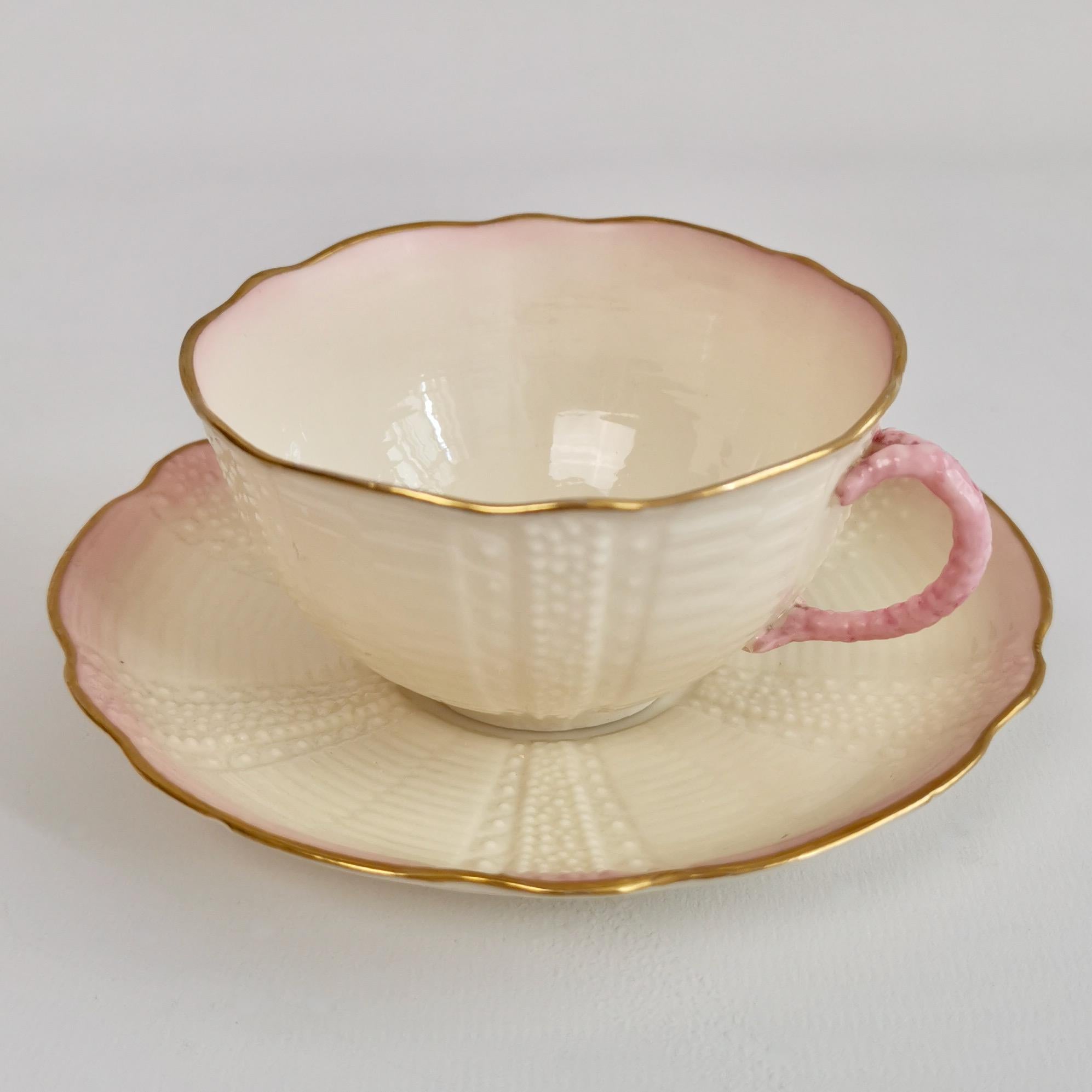 Belleek Cabaret Tea Set Solitaire, Pink Echinus Shells, 1869-1878 In Good Condition In London, GB